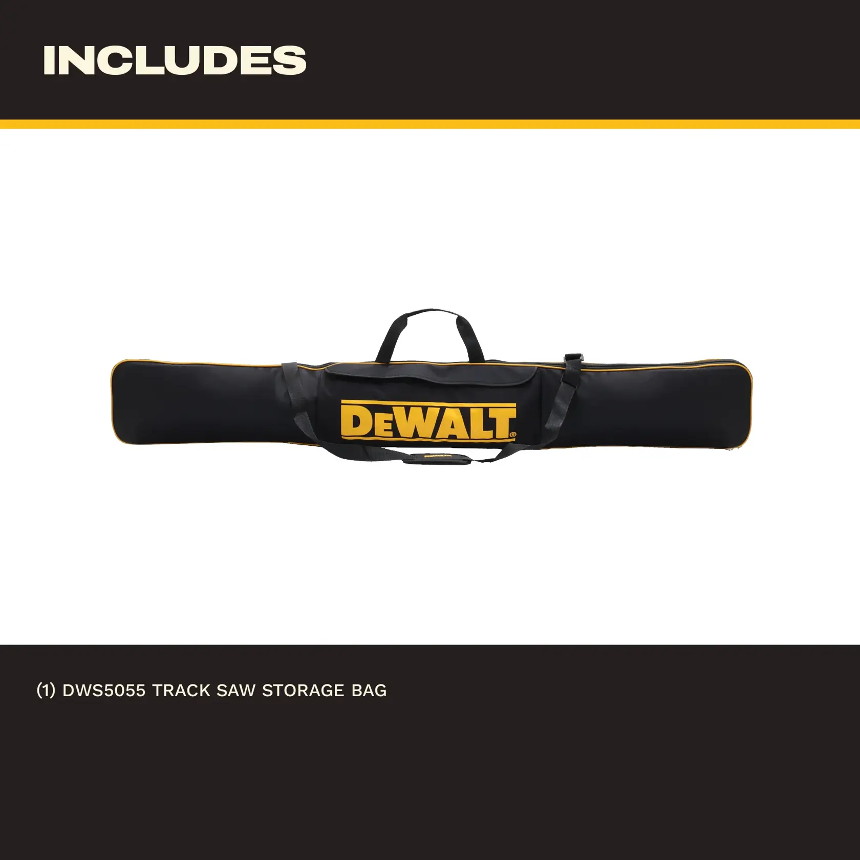 DEWALT DWS5055 black carrying bag with yellow logo, tool storage, front angle, white background.