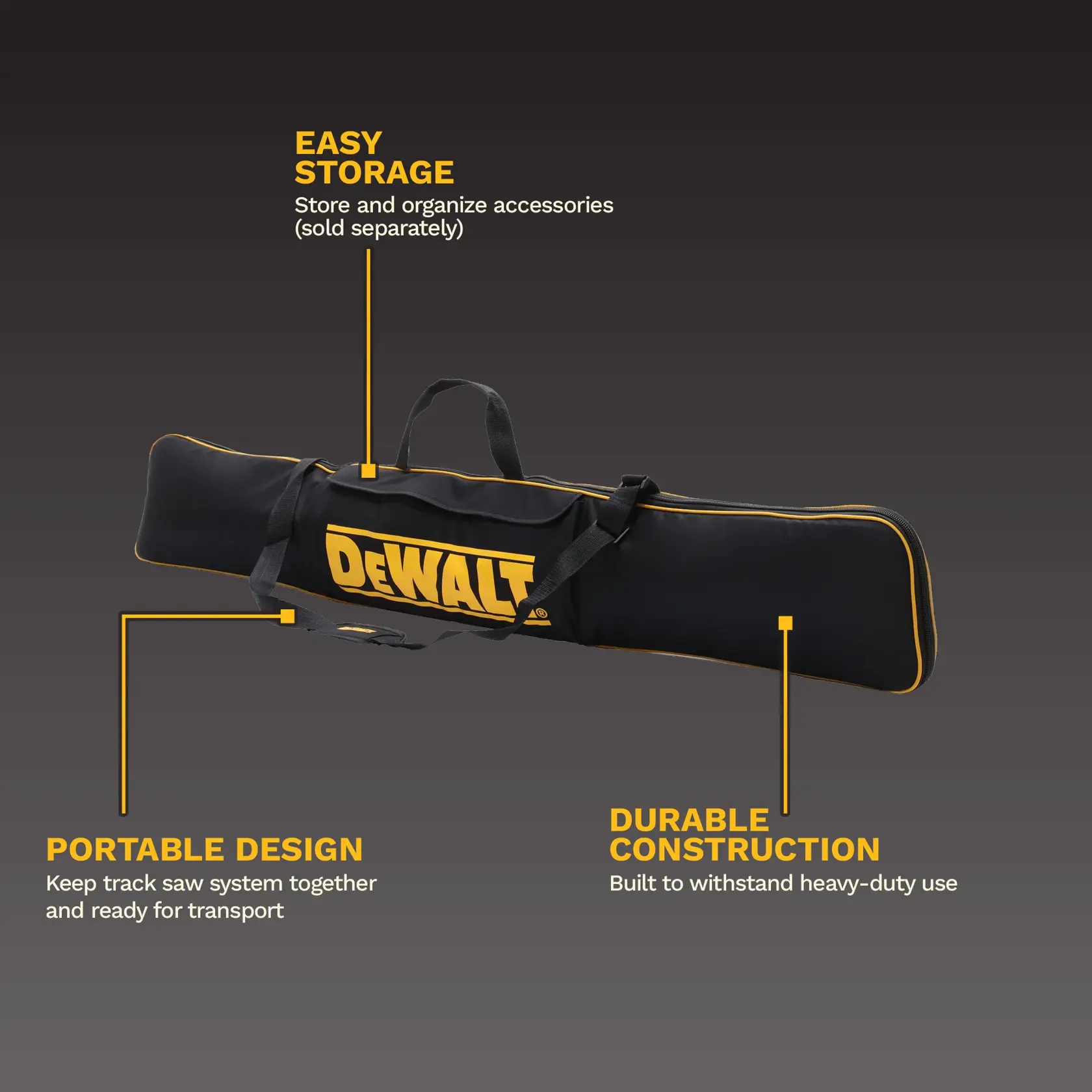 DEWALT DWS5055 black padded bag with yellow trim and logo, front angle, carrying handles, photography product.