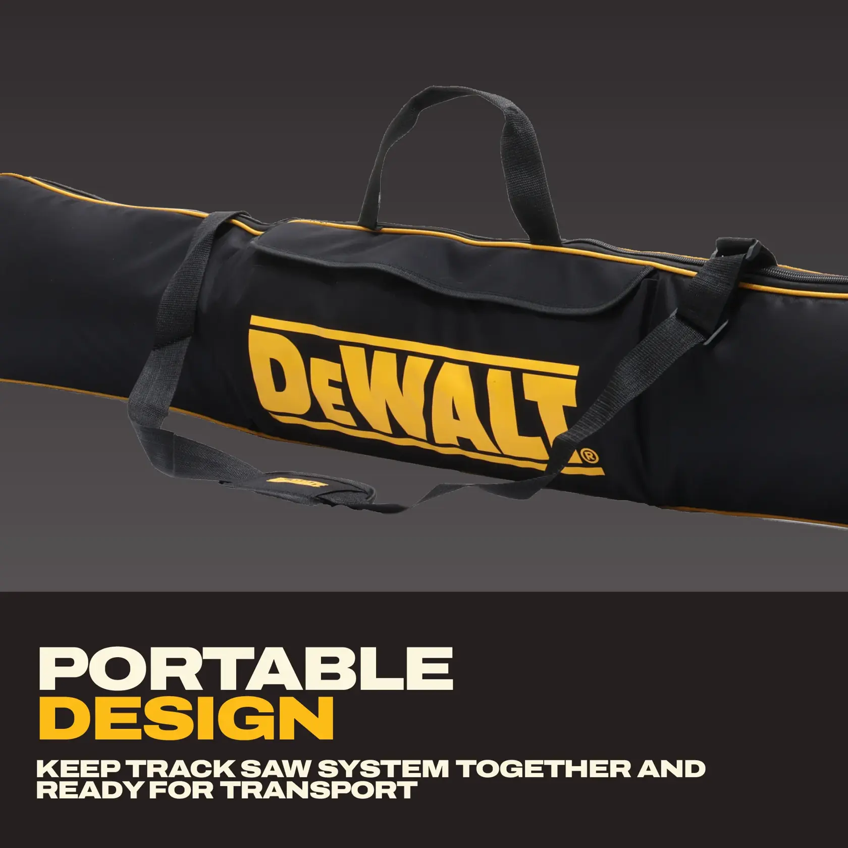 DEWALT DWS5055 black soft tool bag with yellow trim and logo, carrying handle, product photo on white background.