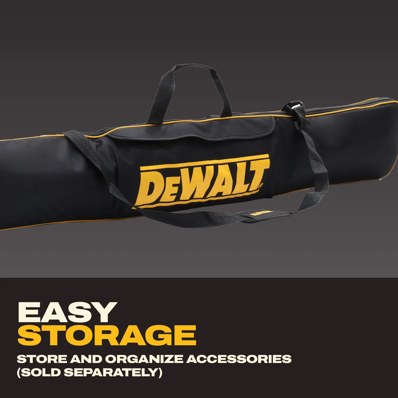 Sac de transport DEWALT DWS5055 noir avec logo jaune, rangement outils, vue de face, fond blanc.