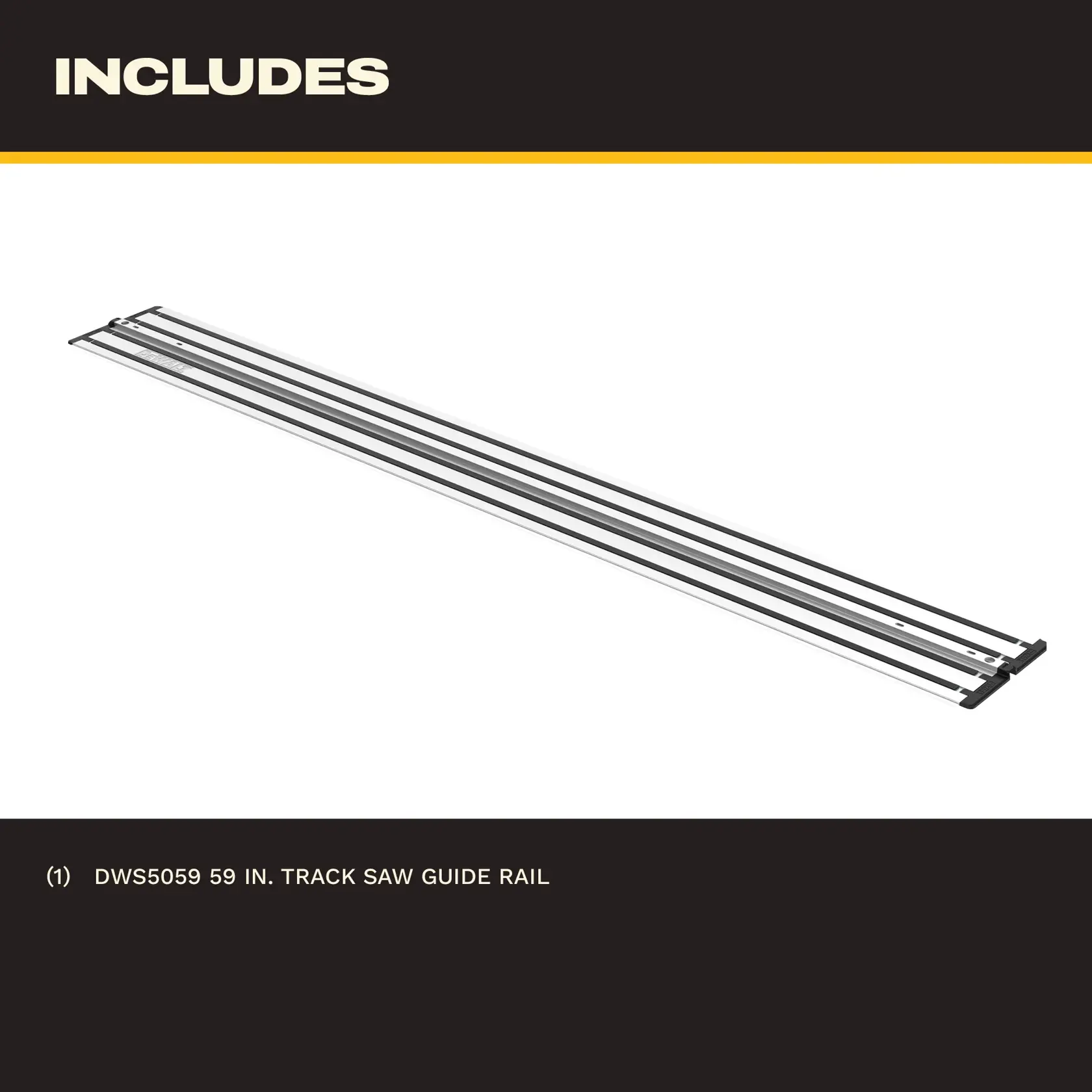 Four long, metal rails aligned side by side on a white background, part of a DEWALT photography accessory.