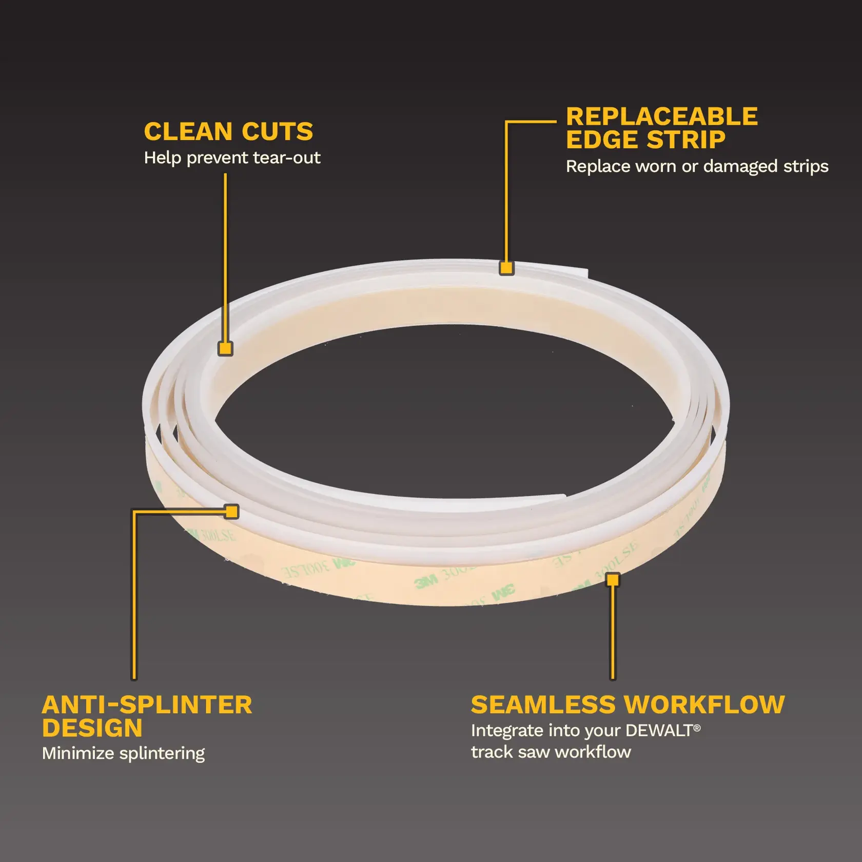 DEWALT DWS5069 clear flexible tape with adhesive backing coiled on white background, product photography angle.