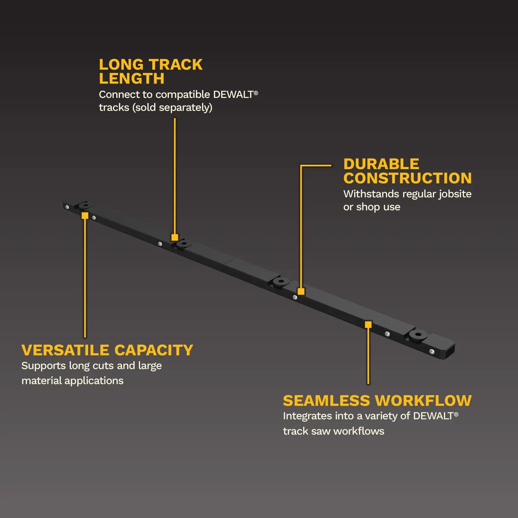 A black, rectangular rail bar accessory, shown on a white background. Designed for DEWALT tools.
