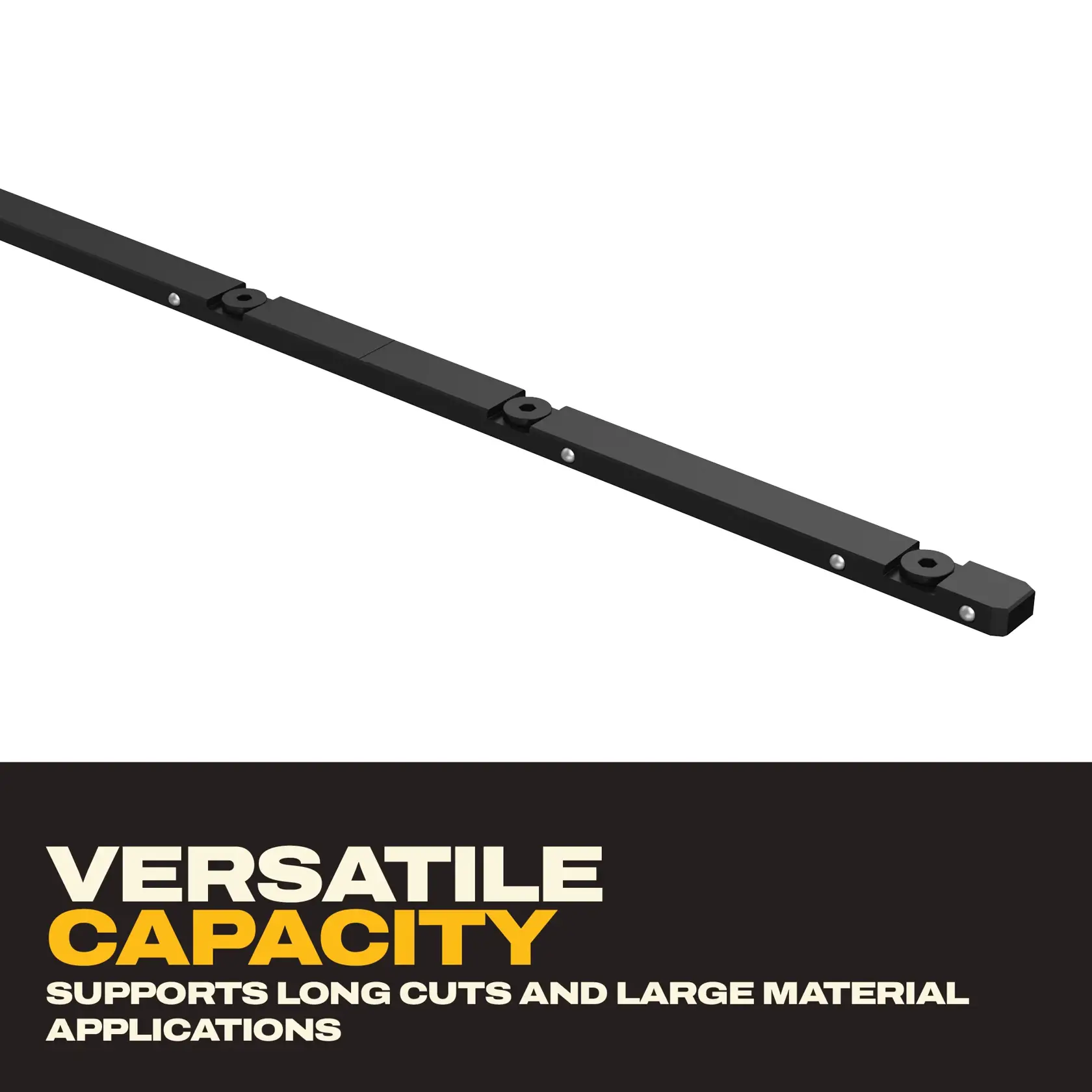 Une barre d'accessoire noire rectangulaire sur fond blanc, conçue pour les outils DEWALT.