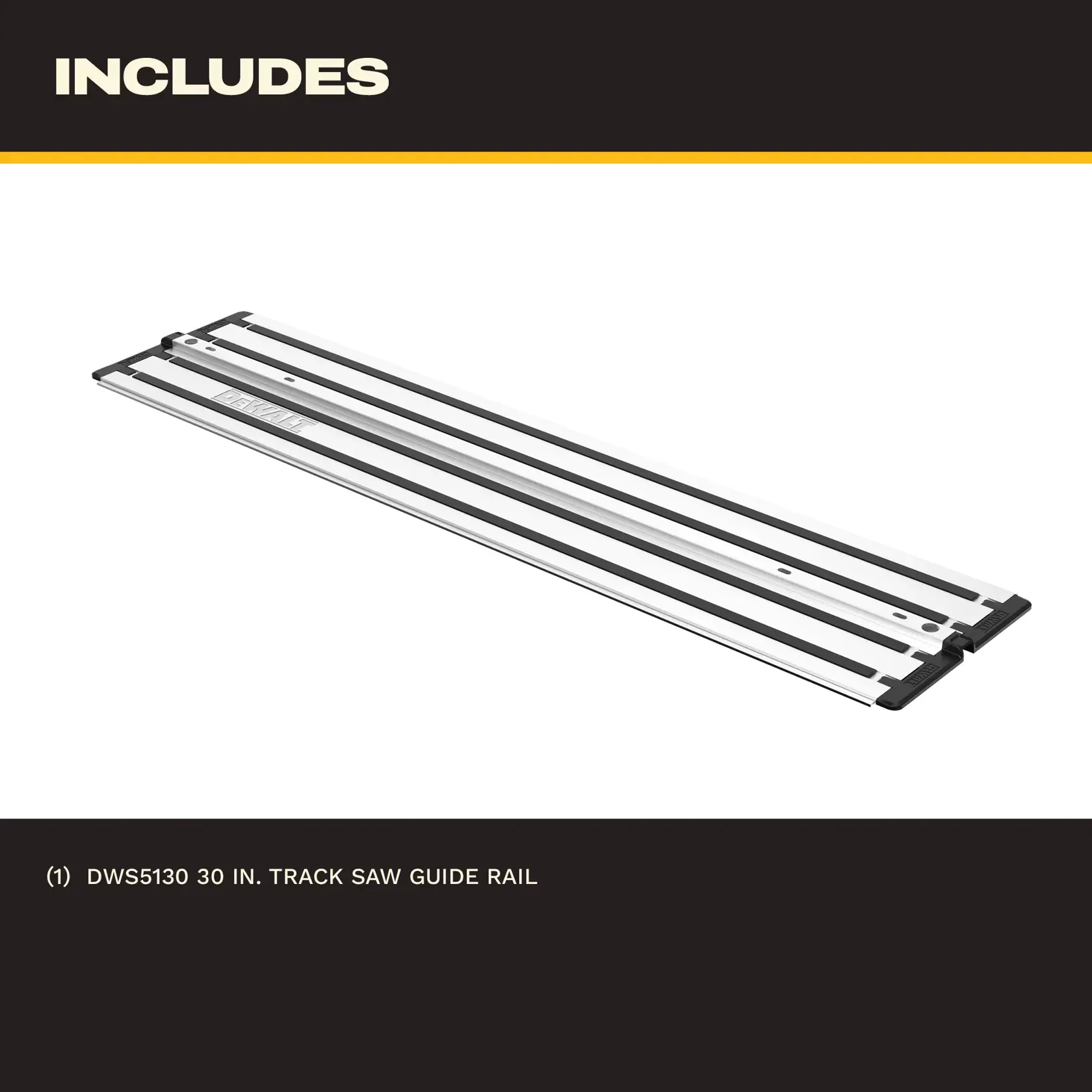 DEWALT DWS5130 metal track guide for saws, rectangular with black strips, shown on a white background.