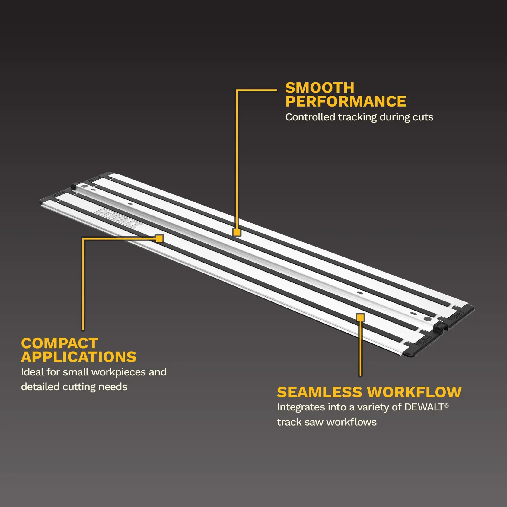 Guide de rail métallique DEWALT DWS5130 pour scies, rectangulaire avec bandes noires, sur fond blanc.