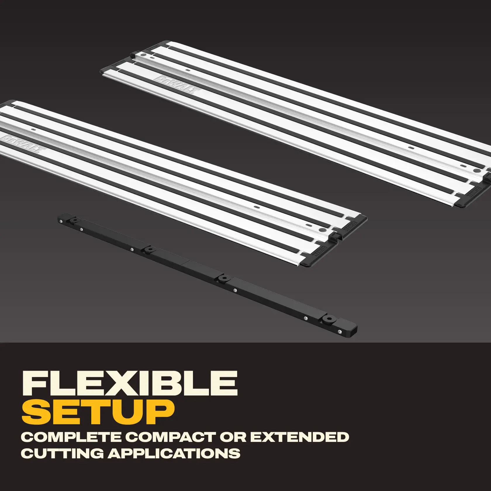 DEWALT track saw guide rails and connector bar shown for compact or extended cutting setups.