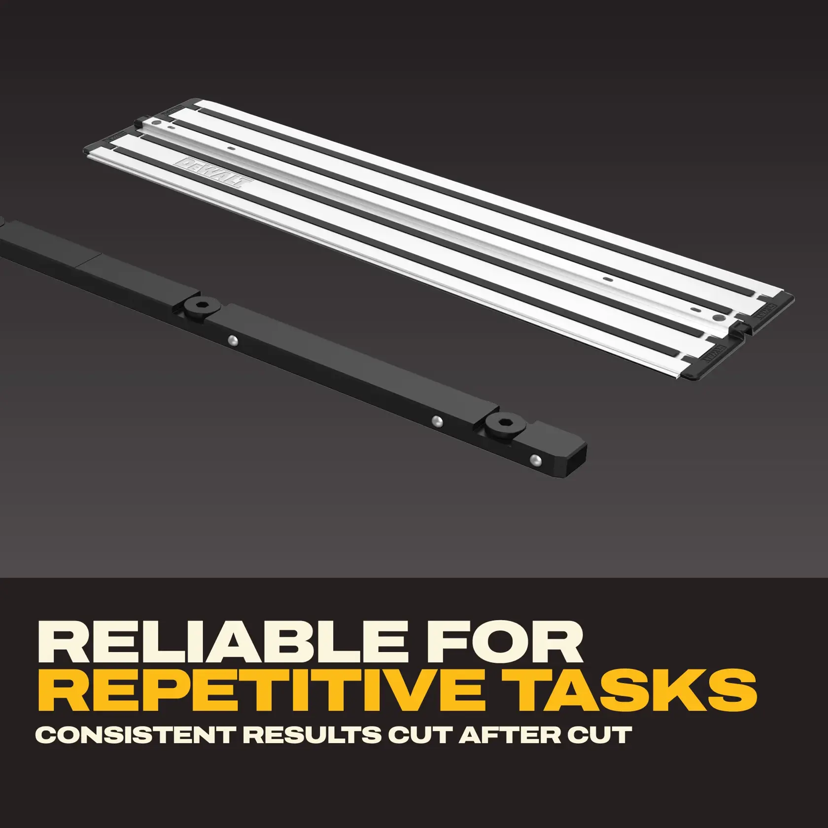 DEWALT cutting guide with text highlighting reliability and consistency for repetitive tasks.