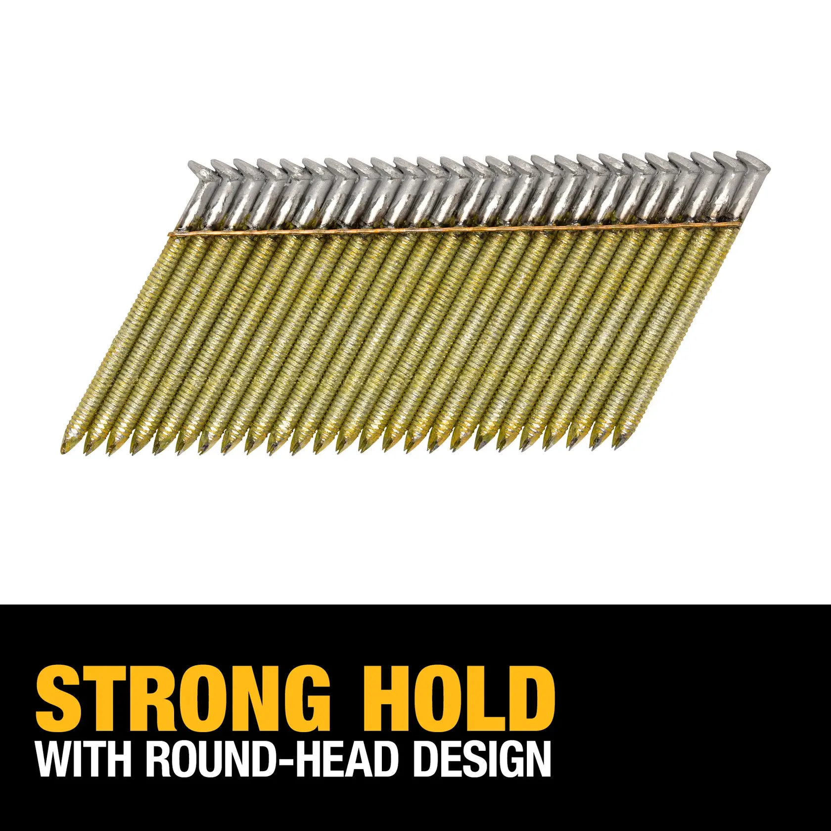 A bundle of collated round-head nails with a text overlay stating 'STRONG HOLD WITH ROUND-HEAD DESIGN.'