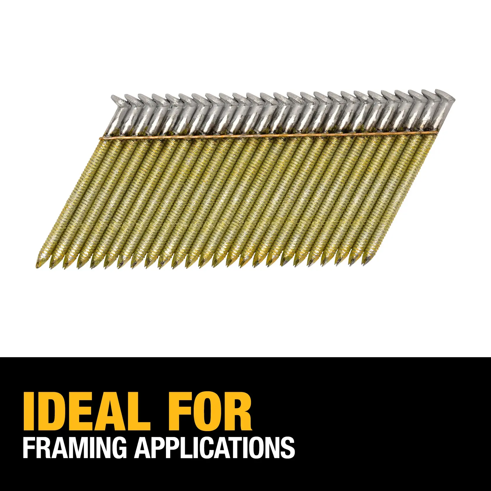 A strip of collated framing nails with ring shanks, shown above bold text that reads 'Ideal For Framing Applications' on a black background.