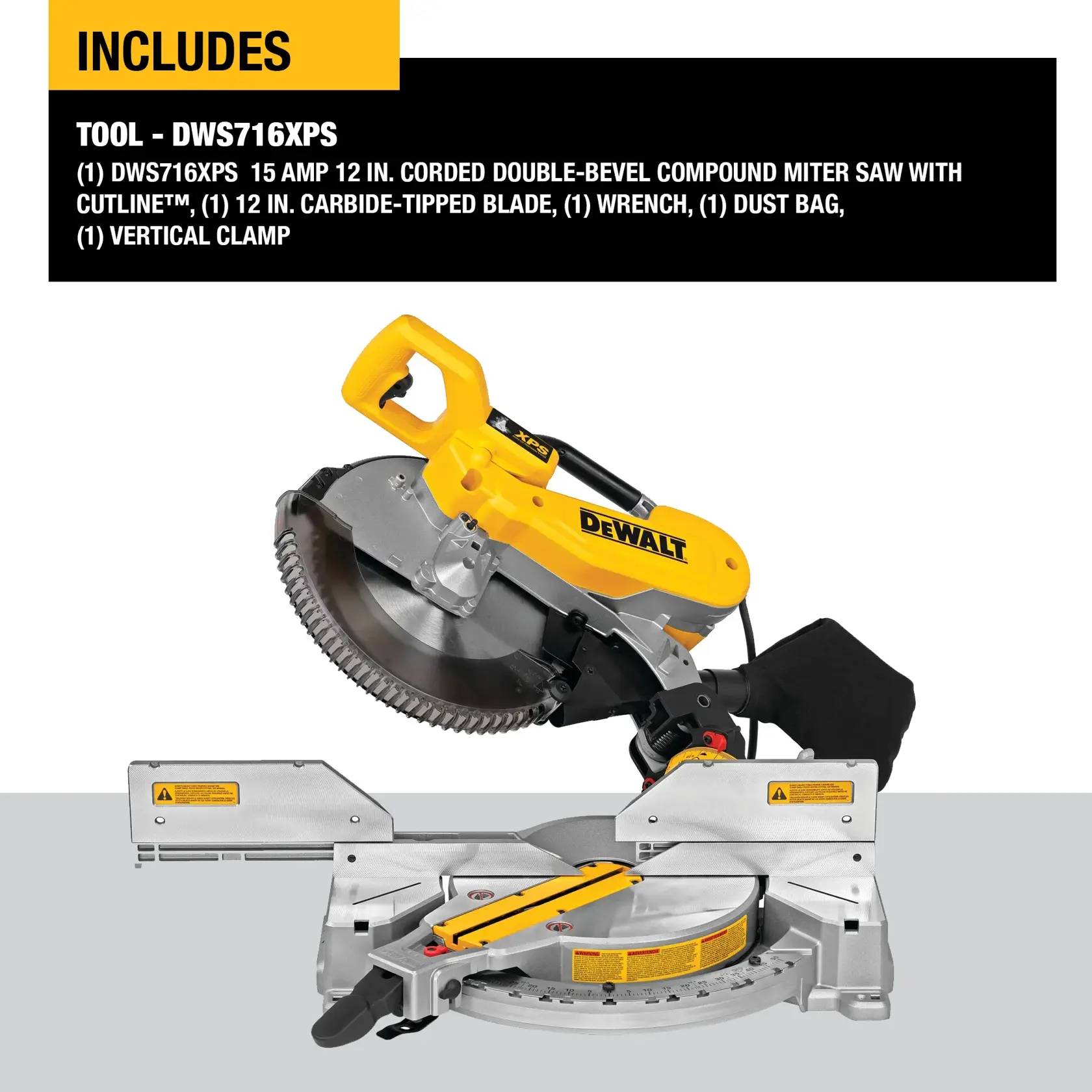 Image showing a DEWALT DWS716XPS corded double-bevel compound miter saw with CUTLINE system. The saw has a yellow and black design, includes a 12-inch carbide-tipped blade, a wrench, a dust bag, and a vertical clamp. Product information about included items is presented above the saw.