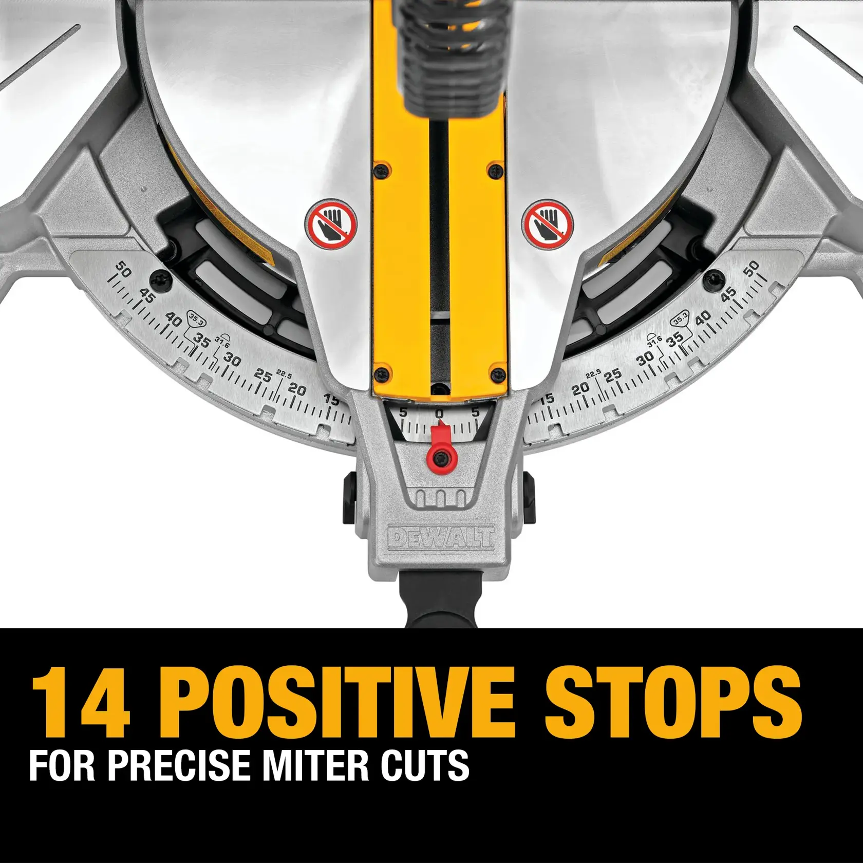 Close-up of a DEWALT miter saw showing its angle gauge and adjustment mechanism, with text indicating '14 positive stops for precise miter cuts.'