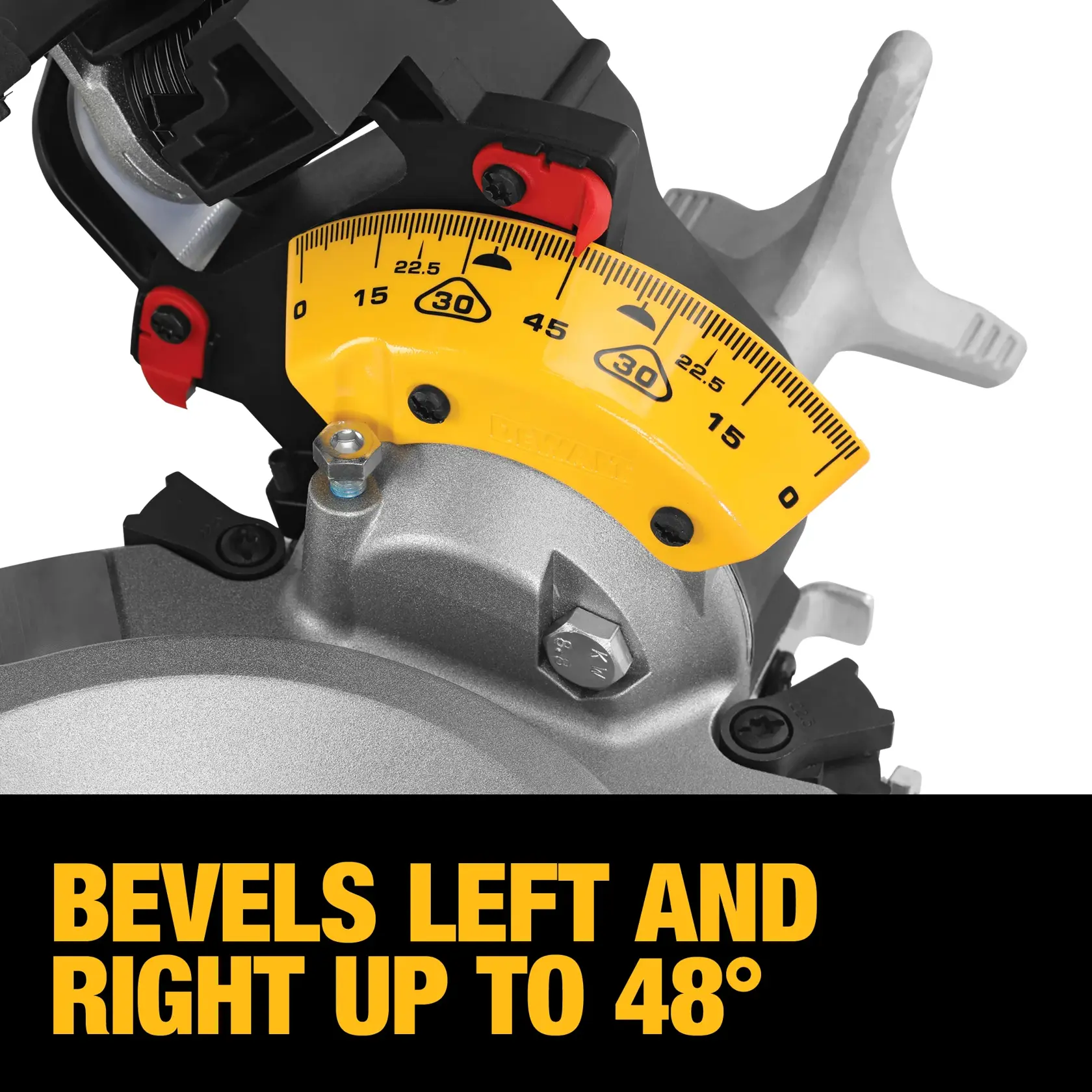 Close-up view of a DEWALT miter saw bevel gauge showing angle markings, with text indicating bevels left and right up to 48 degrees.