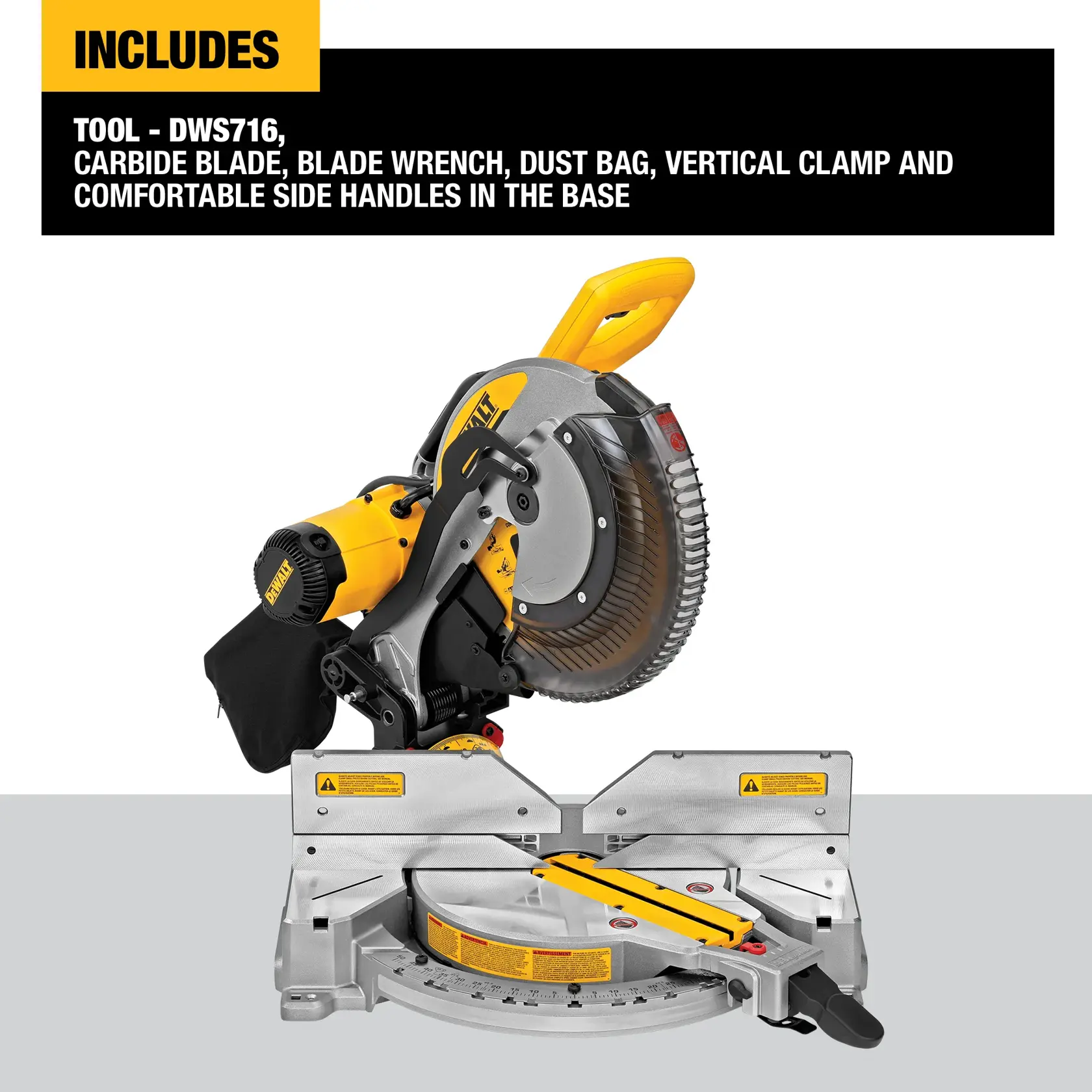 DEWALT DWS716 miter saw with carbide blade, blade wrench, dust bag, vertical clamp, and comfortable side handles in the base. The image shows the saw and its accessories on a white and grey background, with a list of included items above.