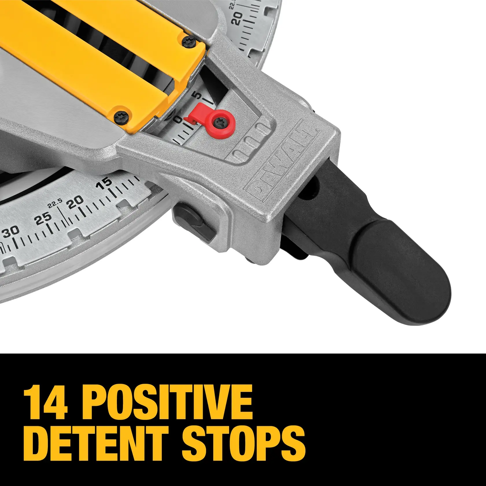 Close-up view of a DEWALT miter saw showing its detent plate and pointer, with the text '14 Positive Detent Stops' in bold yellow letters below.