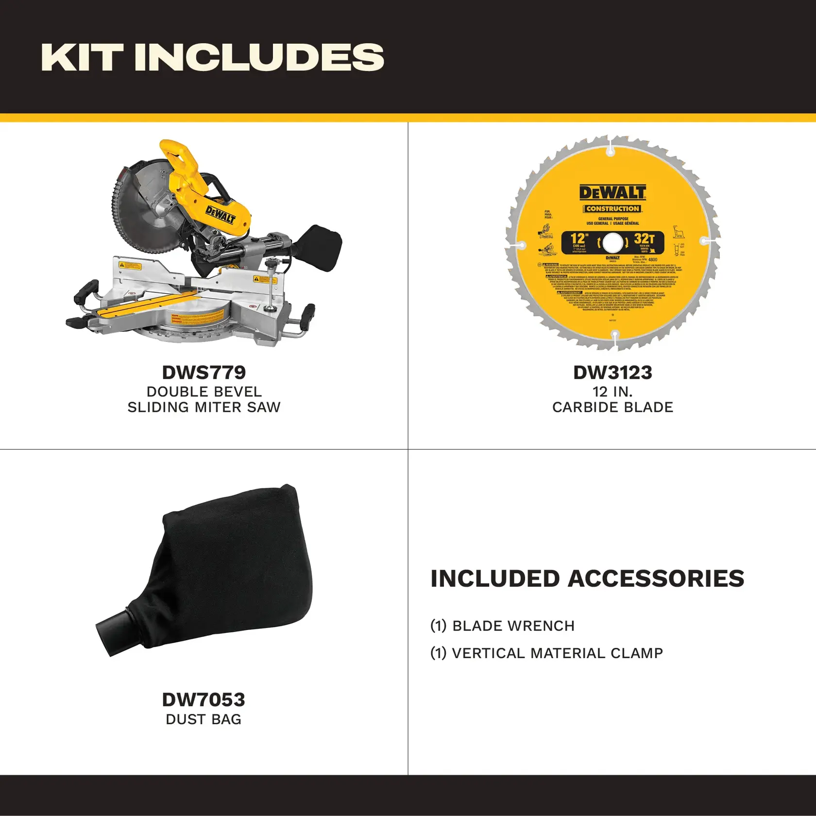 Four-section graphic showing the contents of a DEWALT kit. The kit includes: a DEWALT DWS779 double bevel sliding miter saw, a DEWALT DW3123 12-inch carbide blade, a DEWALT DW7053 dust bag, and additional included accessories, which are a blade wrench and a vertical material clamp.