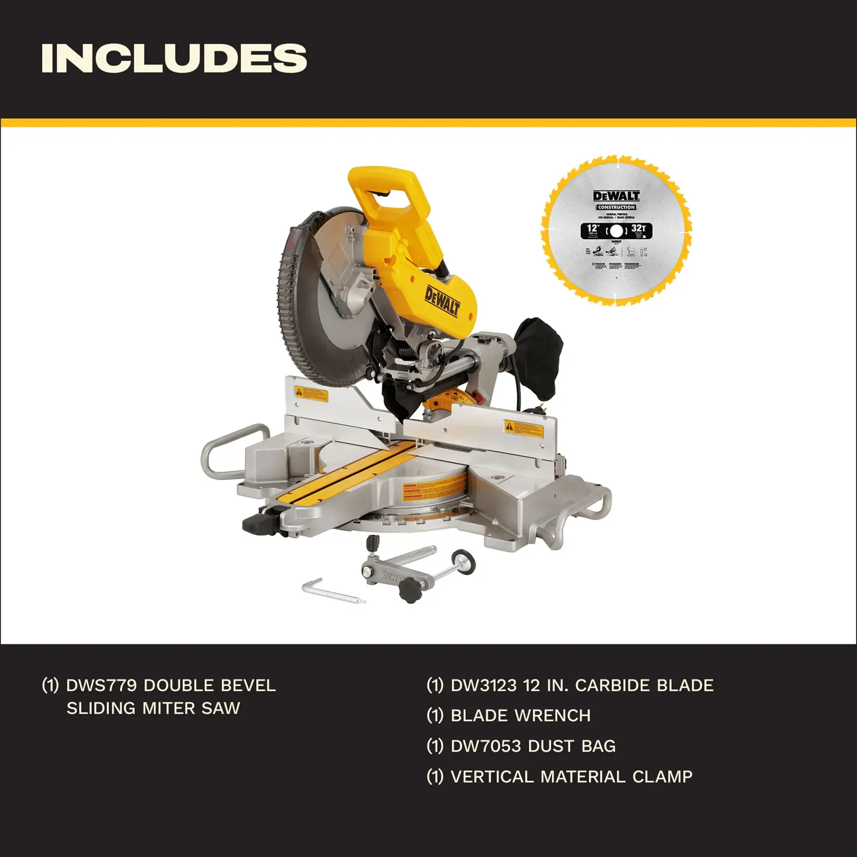 Image showing the DEWALT DWS779 sliding miter saw, the DW3123 saw blade, and the DW7053 dust bag. The product names and model numbers are clearly labeled on the image.