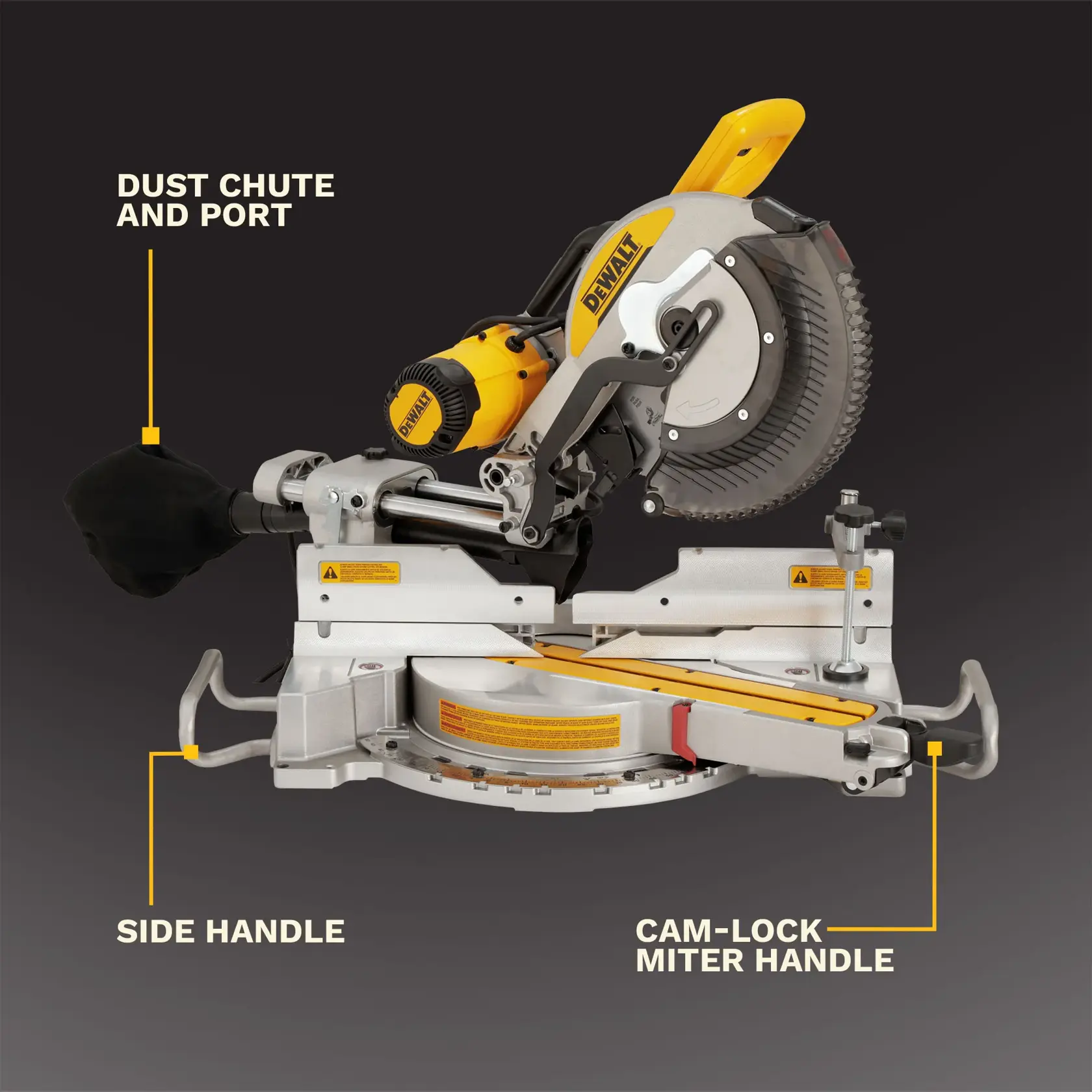 DEWALT DWS779 sliding compound miter saw with highlighted specifications: 3,800 RPM blade speed, 48° left and right bevel angle, 75% dust collection efficiency, and 6-3/4 inch cutting depth.