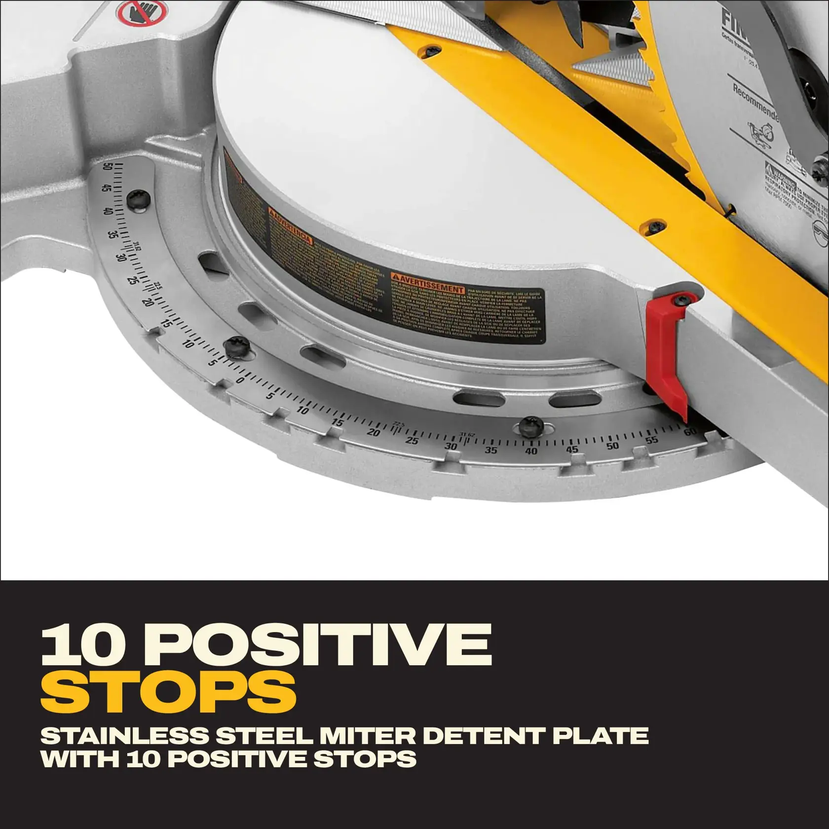 Close-up image of a DEWALT miter saw showing the angle adjustment scale on the base with highlighted points and a label indicating '10'. The saw blade and safety guard are partially visible.