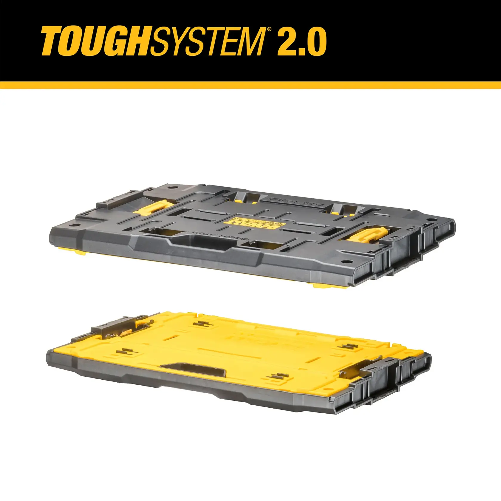 DEWALT TOUGHSYSTEM 2.0 black and yellow flat storage module shown from two angles, with rugged design and branded logo on top.