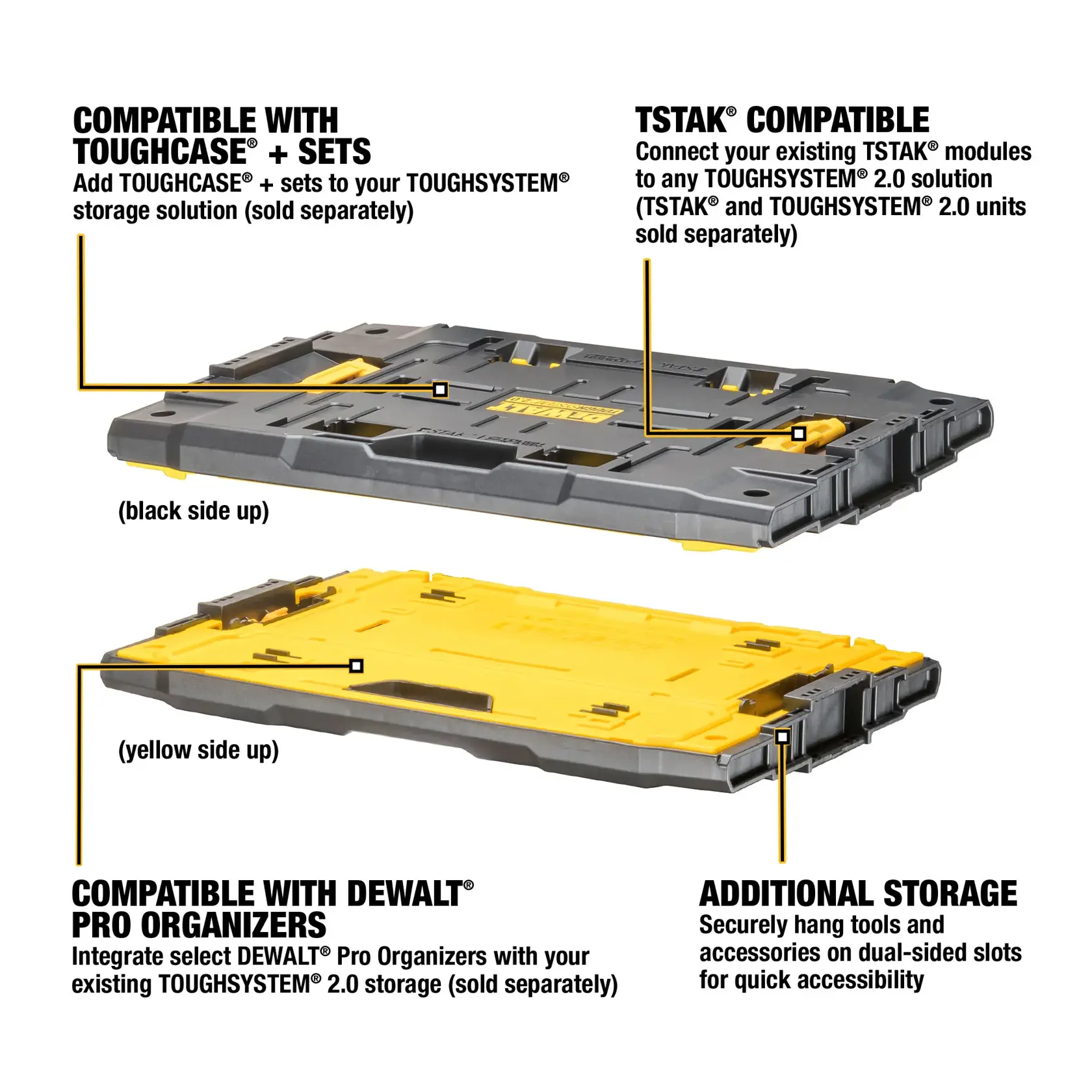 Instructional graphic showing a DEWALT ToughSystem 2.0 storage accessory, SKU DWST08017, with two sides displayed (one black, one yellow). The annotations highlight features: compatibility with ToughCase+ sets, TSTAK modules, DEWALT Pro Organizers, and additional storage through dual-sided slots for tools and accessories.