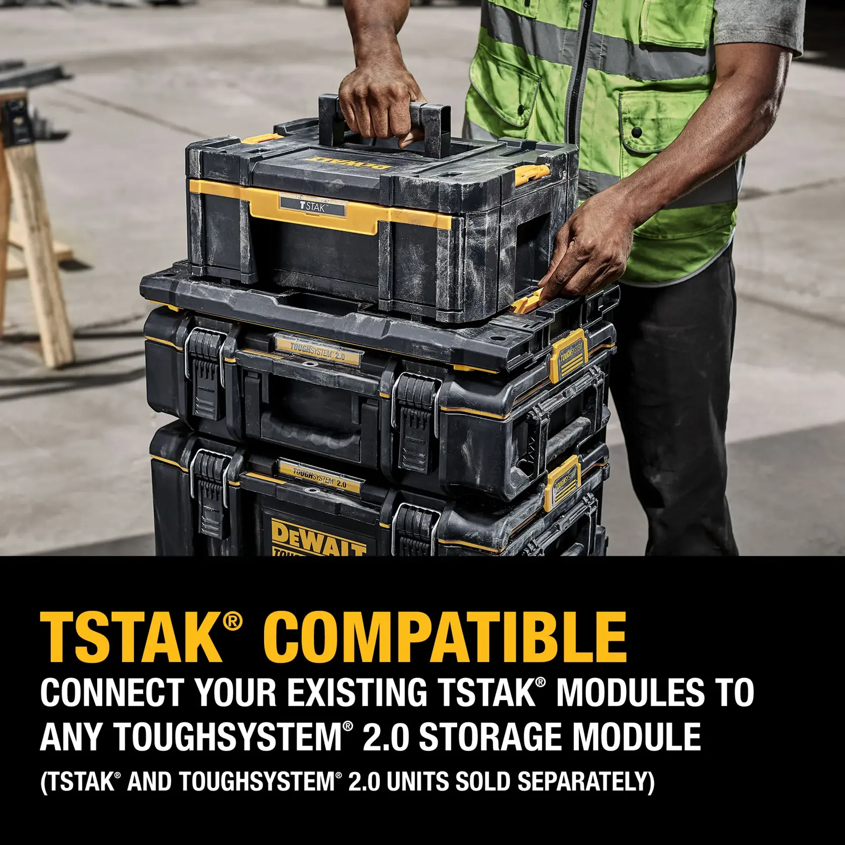 A person connects a DEWALT TSTAK tool box to a stack of ToughSystem 2.0 storage modules. Text on the image states: 'TSTAK compatible. Connect your existing TSTAK modules to any ToughSystem 2.0 storage module (TSTAK and ToughSystem 2.0 units sold separately)'.