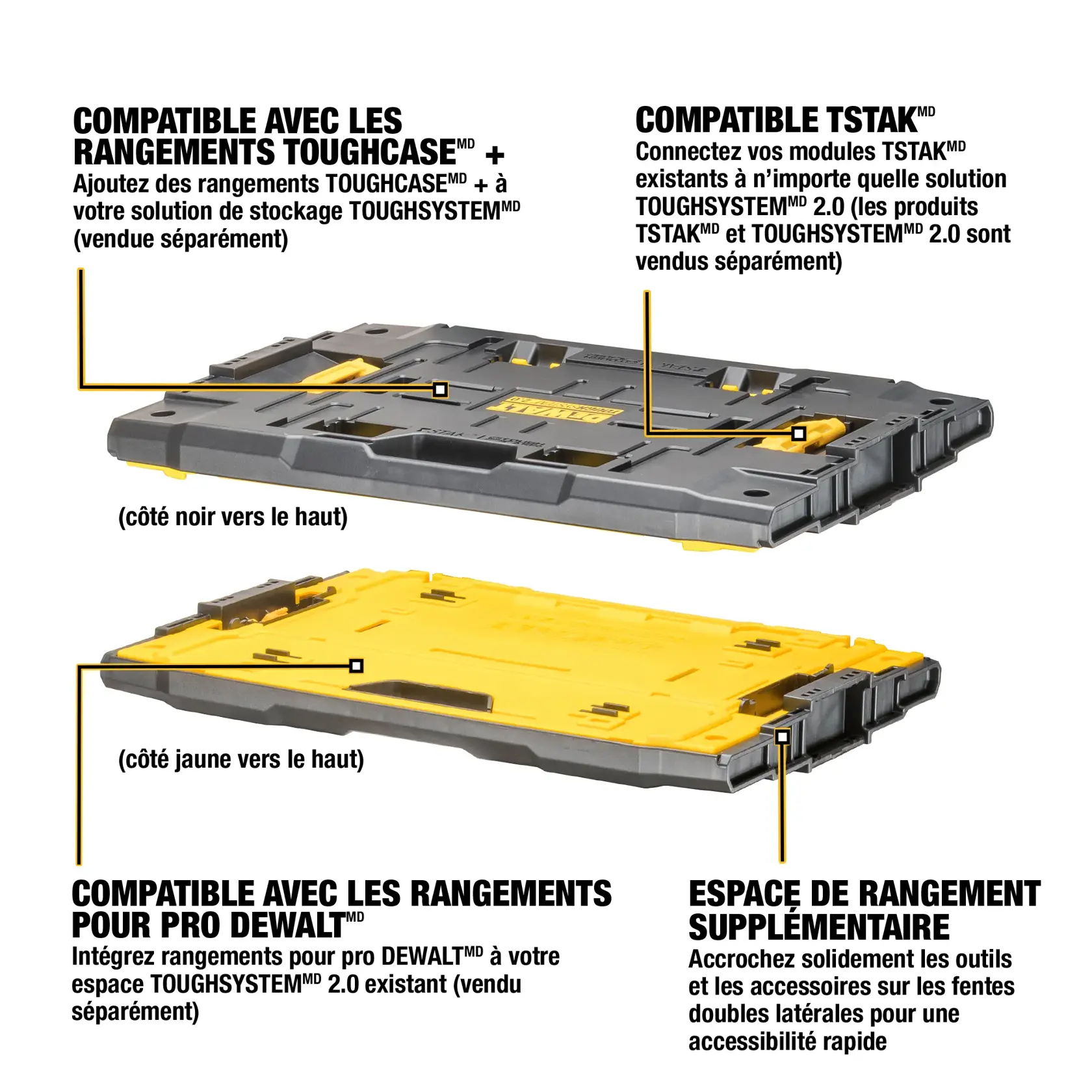DEWALT TOUGHSYSTEM 2.0 black and yellow flat storage module shown from two angles, with rugged design and branded logo on top.
