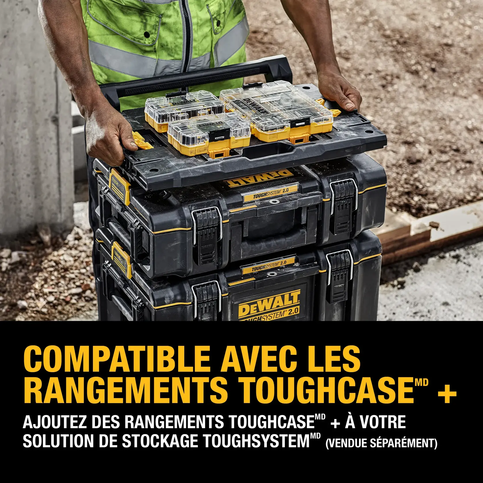 Instructional graphic showing a DEWALT ToughSystem 2.0 storage accessory, SKU DWST08017, with two sides displayed (one black, one yellow). The annotations highlight features: compatibility with ToughCase+ sets, TSTAK modules, DEWALT Pro Organizers, and additional storage through dual-sided slots for tools and accessories.