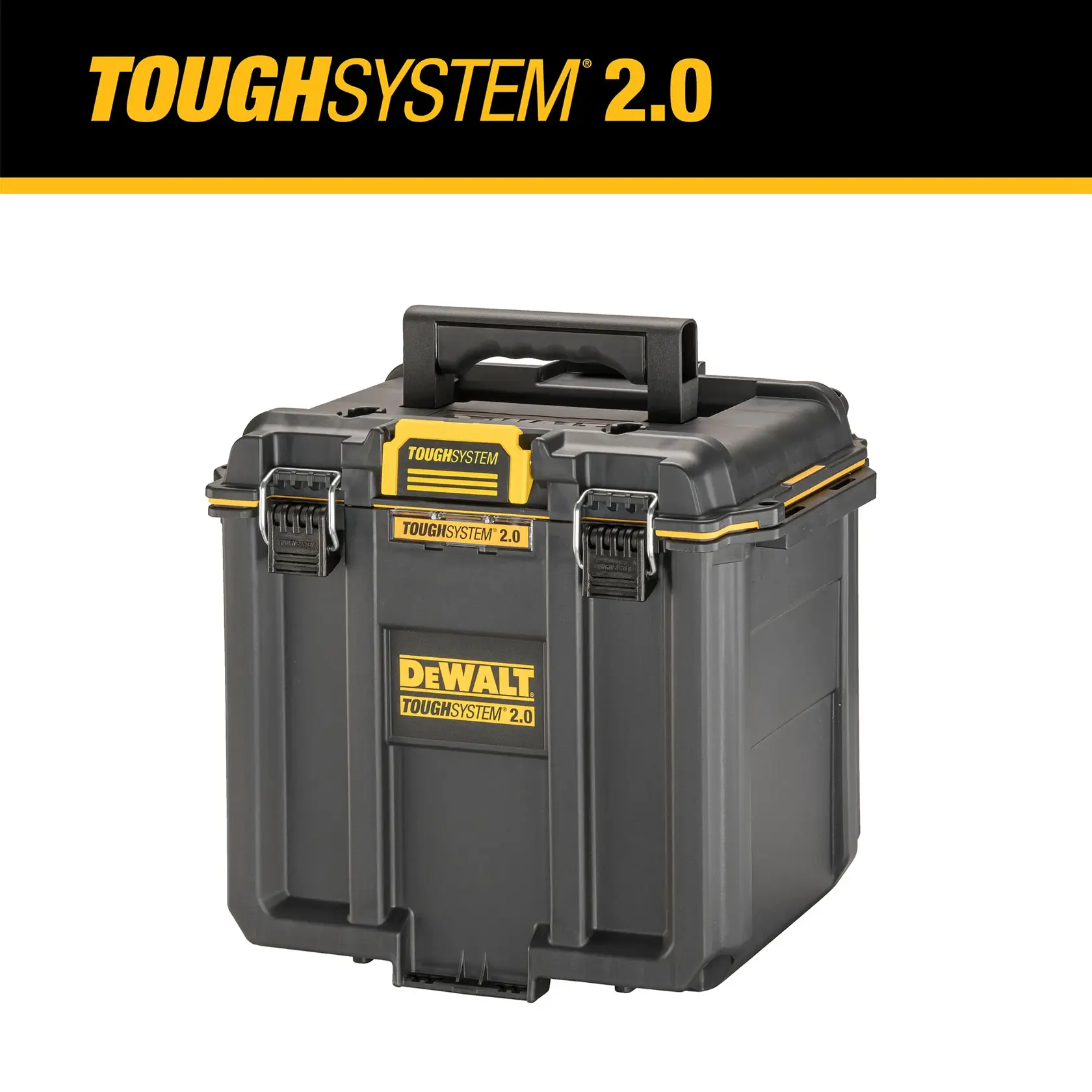 A black and yellow DEWALT TOUGHSYSTEM 2.0 modular toolbox with a sturdy handle and heavy-duty latches, designed for secure storage and transport of tools.