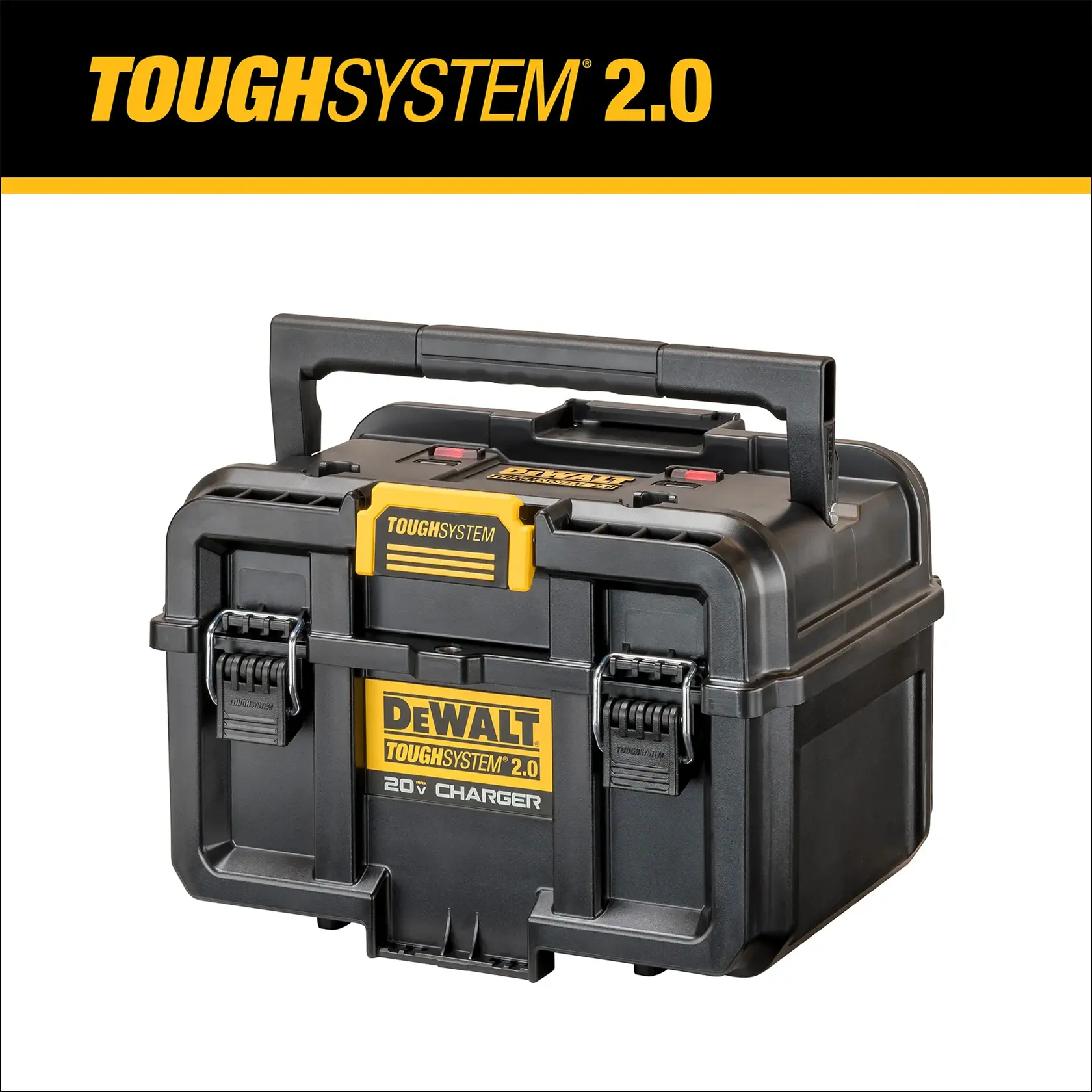 A DEWALT ToughSystem 2.0 20V Charger toolbox is shown. The box is black with yellow accents and features a large carry handle and secure locking latches. The DEWALT branding and ToughSystem 2.0 labels are prominently visible.