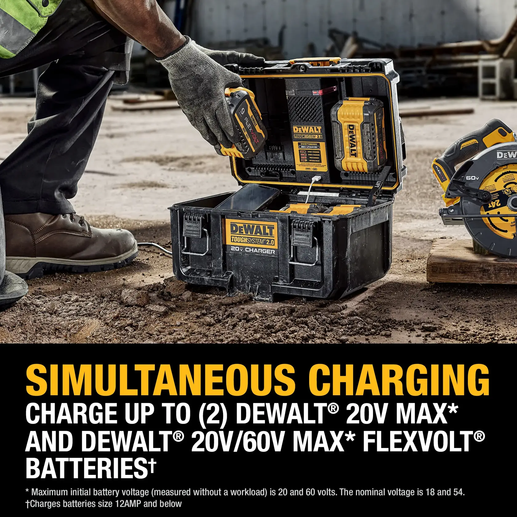 A DEWALT ToughSystem 2.0 20V charger is shown on a construction site, with a person inserting a DEWALT battery into the charging unit. The charger case is open, revealing slots for two batteries, and DEWALT branding is visible. Text on the image highlights the ability to simultaneously charge up to two DEWALT 20V MAX and 20V/60V MAX Flexvolt batteries.