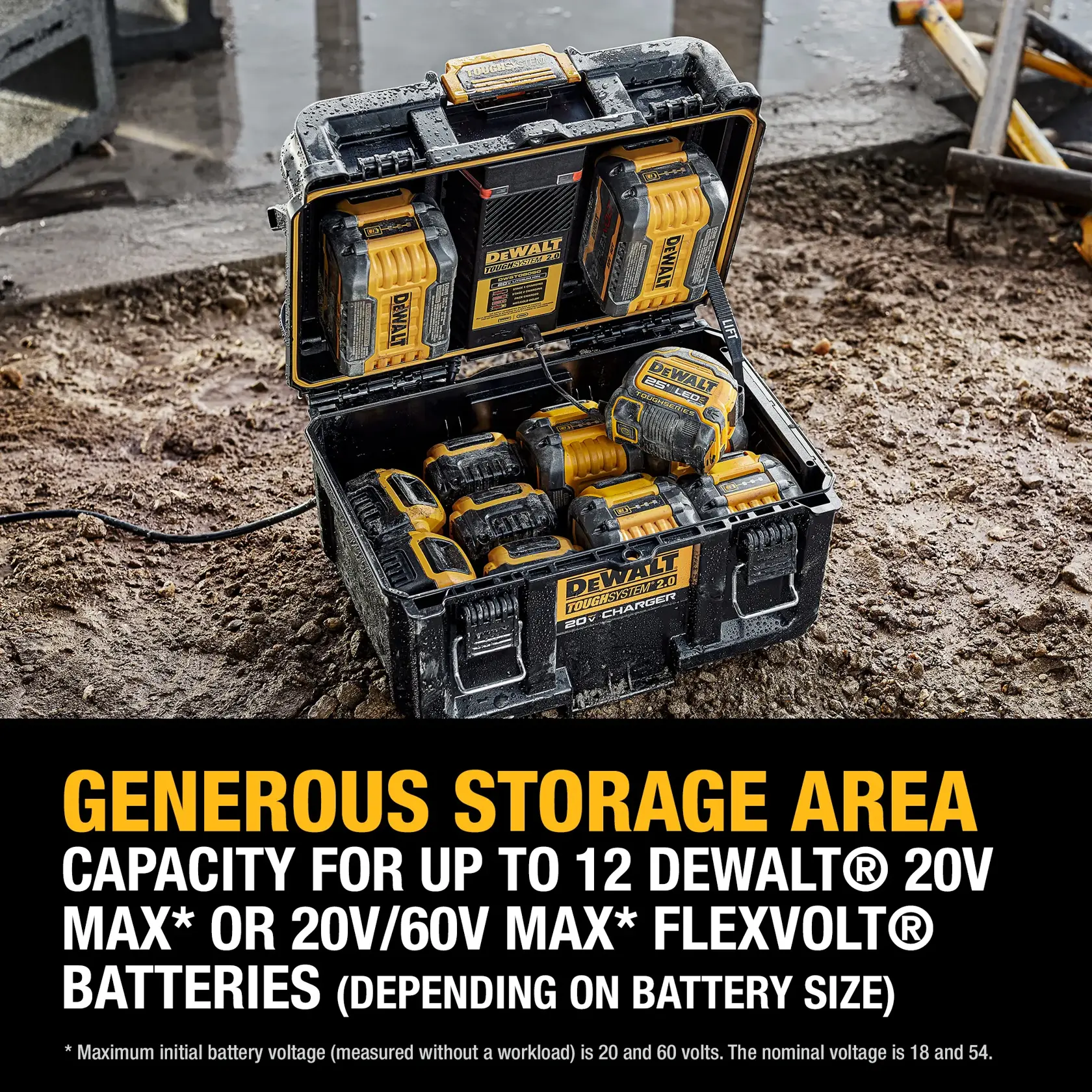 A black and yellow DEWALT storage and charging box, model DWST08050, is shown open and filled with several DEWALT 20V and FLEXVOLT batteries. The text highlights its generous storage area, capable of holding up to 12 batteries depending on their size. The box is situated on a construction site with dirt and tools visible around it.