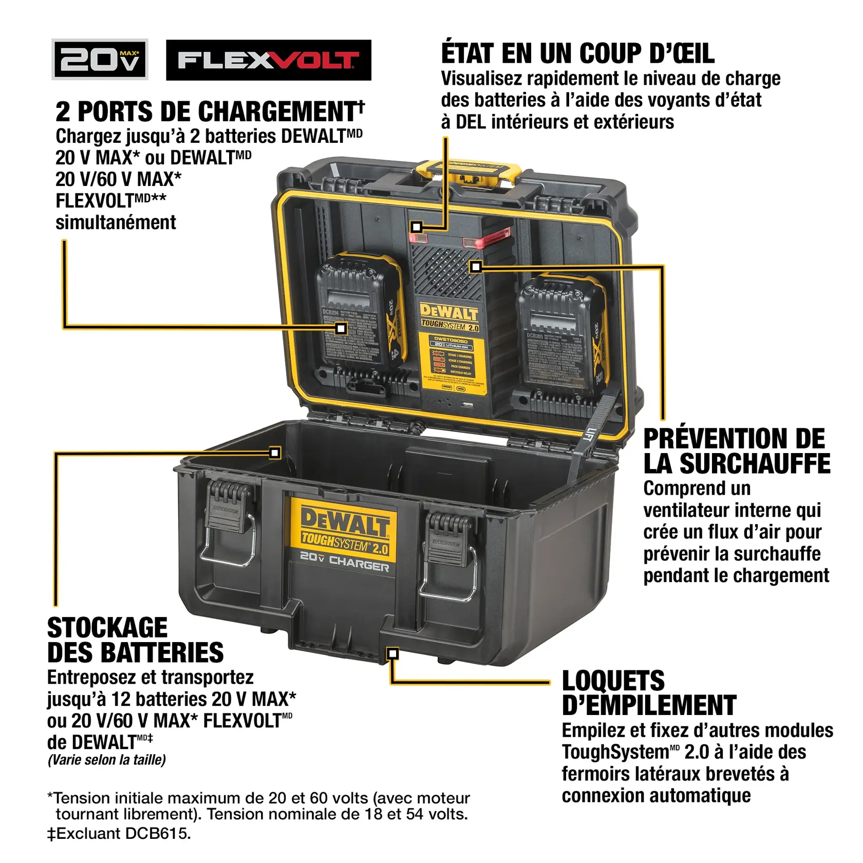 A DEWALT ToughSystem 2.0 20V Charger toolbox is shown. The box is black with yellow accents and features a large carry handle and secure locking latches. The DEWALT branding and ToughSystem 2.0 labels are prominently visible.