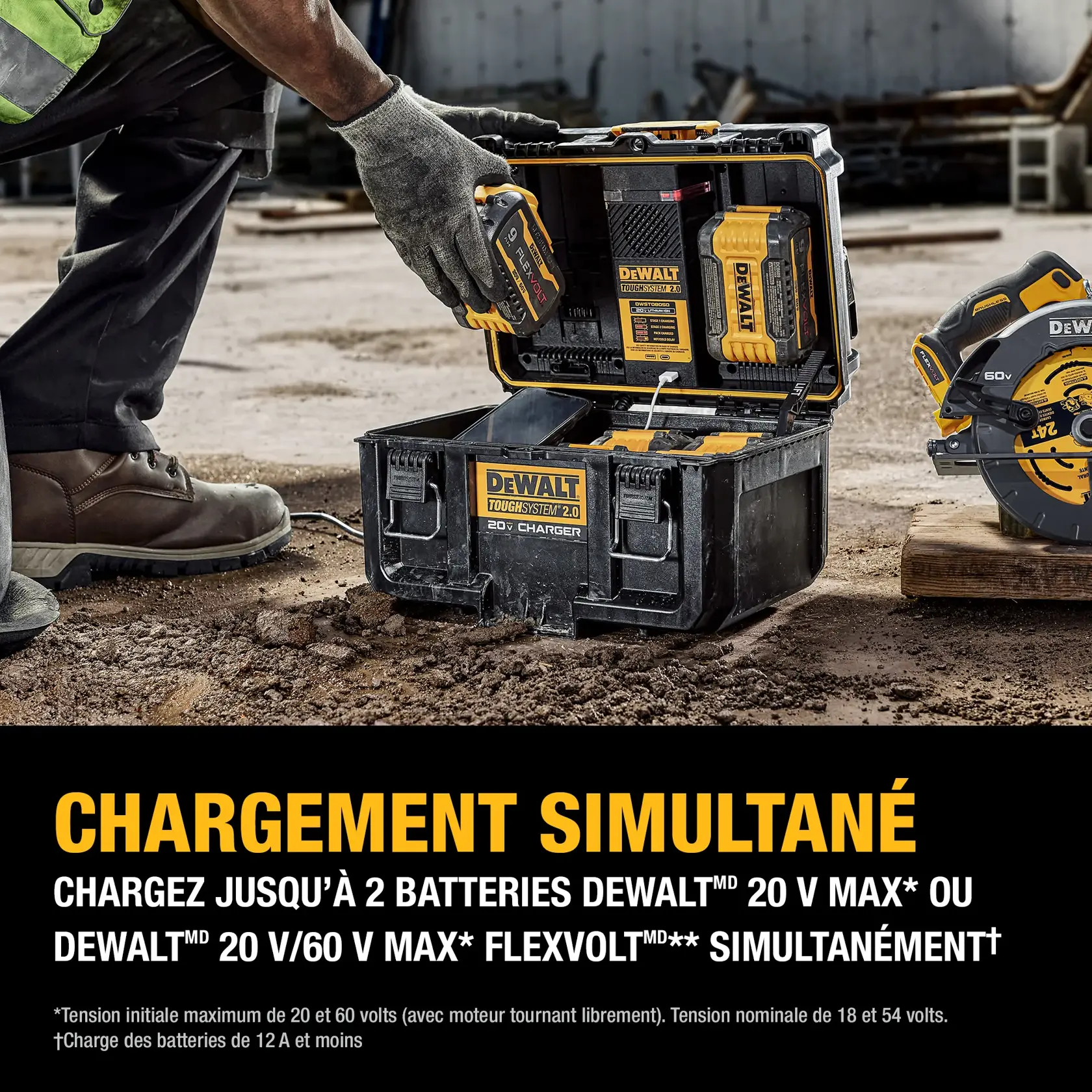 DEWALT Toughsystem 2.0 20V Charger storage box shown open, displaying two battery charging ports for DEWALT 20V MAX and FLEXVOLT batteries. Features include at-a-glance LED charge status indicators, an internal fan to prevent overheating, generous storage area for up to 12 batteries, and stacking locks for securing other Toughsystem modules.