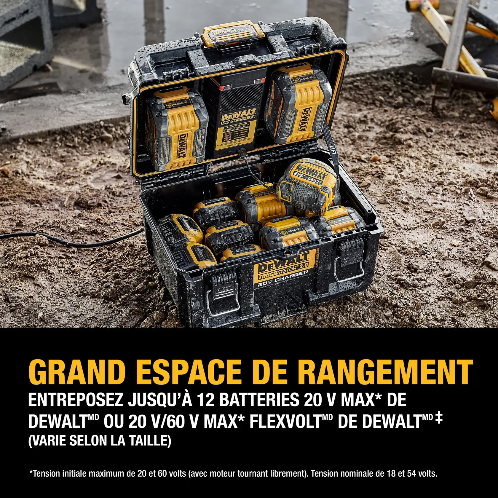 A DEWALT ToughSystem 2.0 20V charger is shown on a construction site, with a person inserting a DEWALT battery into the charging unit. The charger case is open, revealing slots for two batteries, and DEWALT branding is visible. Text on the image highlights the ability to simultaneously charge up to two DEWALT 20V MAX and 20V/60V MAX Flexvolt batteries.