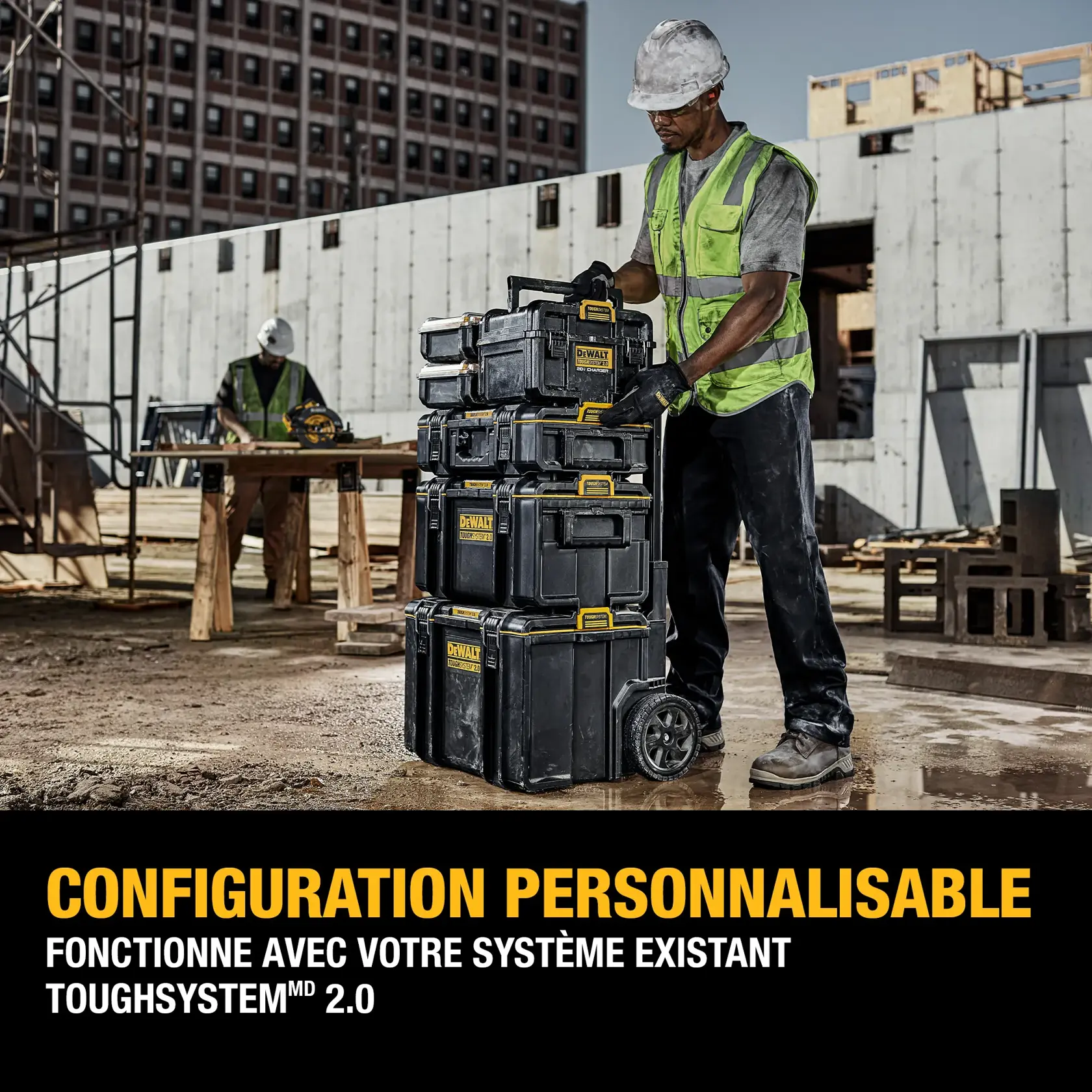 A black and yellow DEWALT storage and charging box, model DWST08050, is shown open and filled with several DEWALT 20V and FLEXVOLT batteries. The text highlights its generous storage area, capable of holding up to 12 batteries depending on their size. The box is situated on a construction site with dirt and tools visible around it.