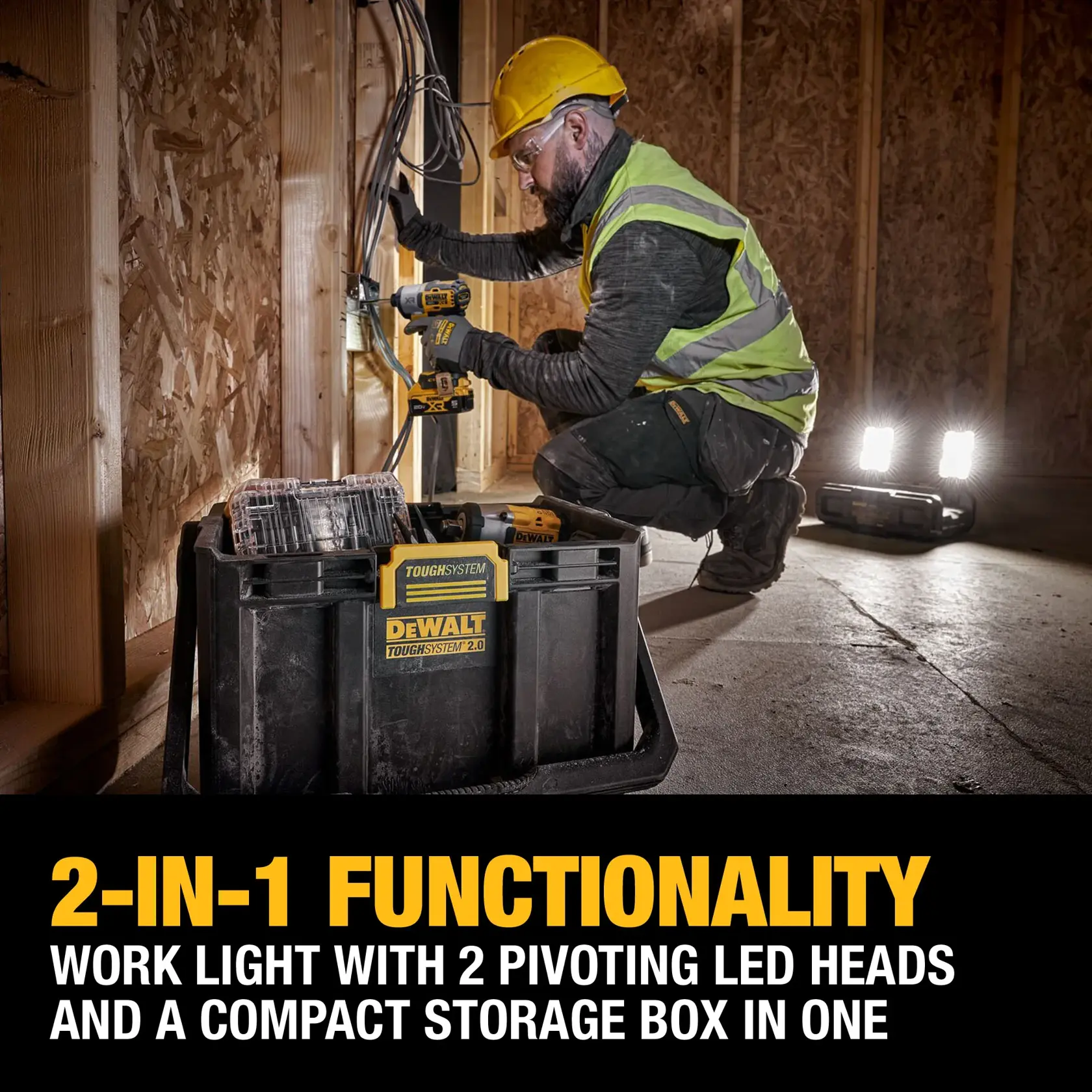 DEWALT ToughSystem 2.0 20V Max portable work light and tool storage tote. The image highlights key features including 7 brightness modes with up to 4,000 lumens, 360-degree light coverage, cordless or corded operation, ToughSystem 2.0 stacking latch, and tool storage tote. The product includes two LED light panels mounted on a black storage box.
