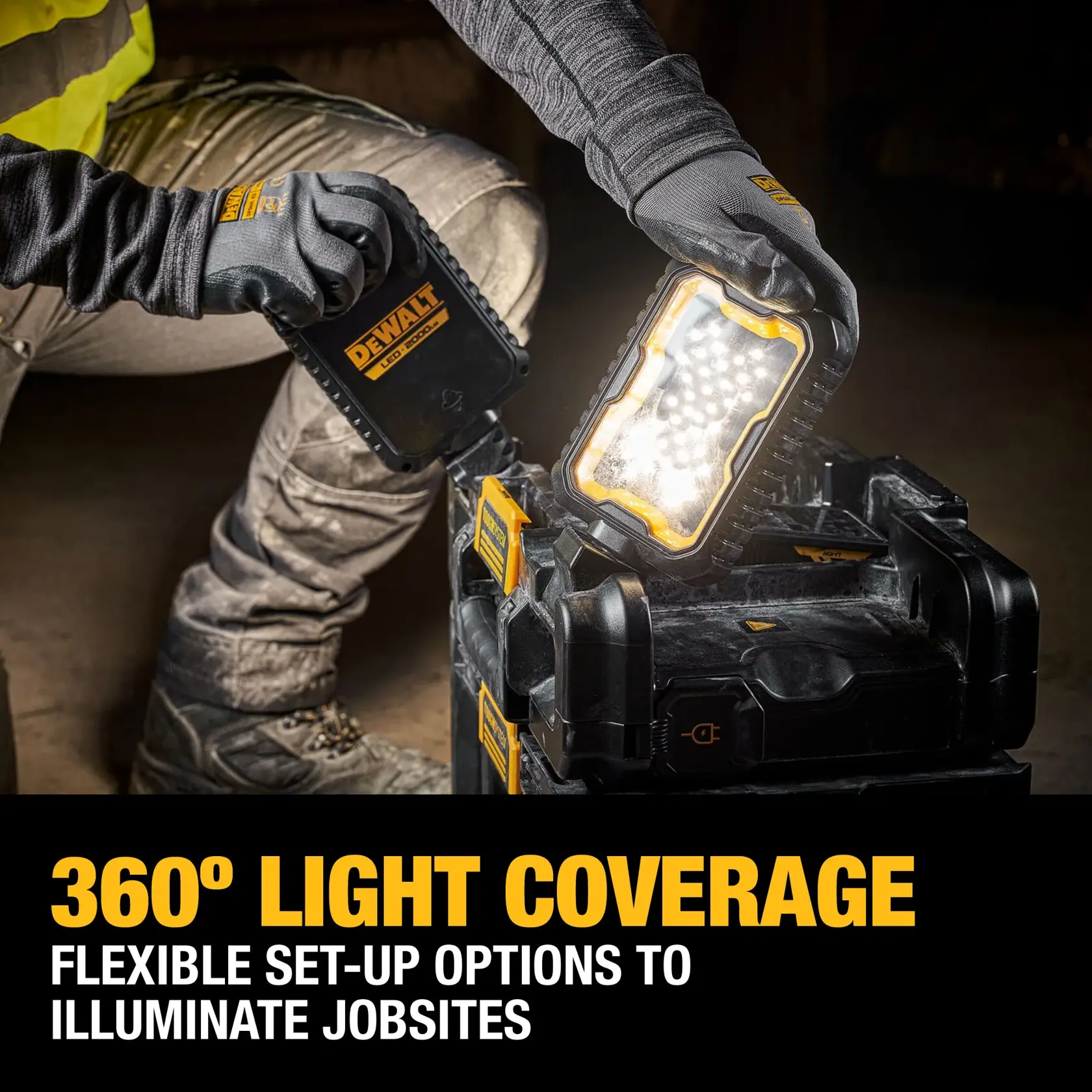A person wearing work gloves adjusts a DEWALT LED light mounted on a stackable black toolbox. The light provides 360-degree coverage and flexible setup options for illuminating job sites, as highlighted in the text on the image.