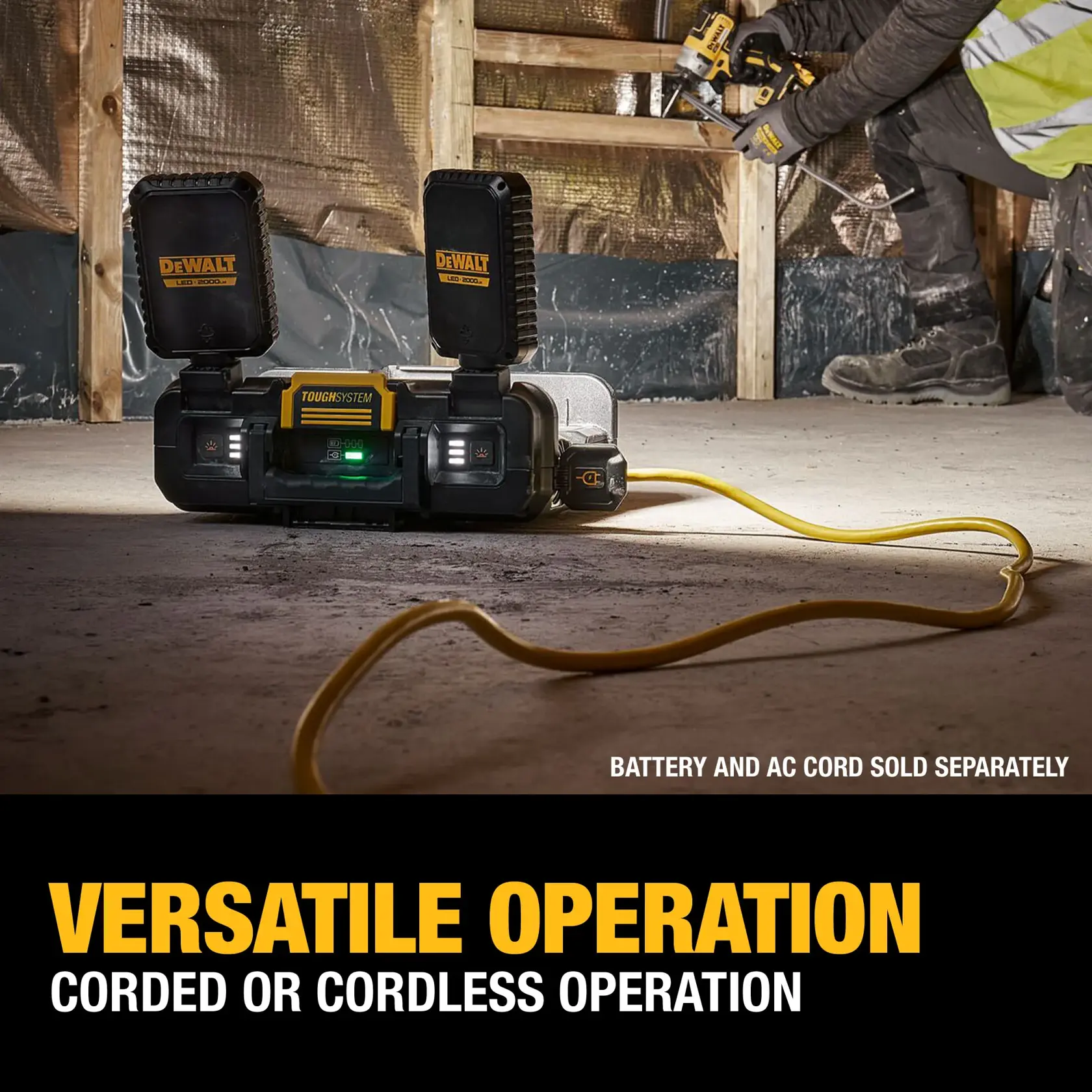 A person wearing work gloves adjusts a DEWALT LED light mounted on a stackable black toolbox. The light provides 360-degree coverage and flexible setup options for illuminating job sites, as highlighted in the text on the image.