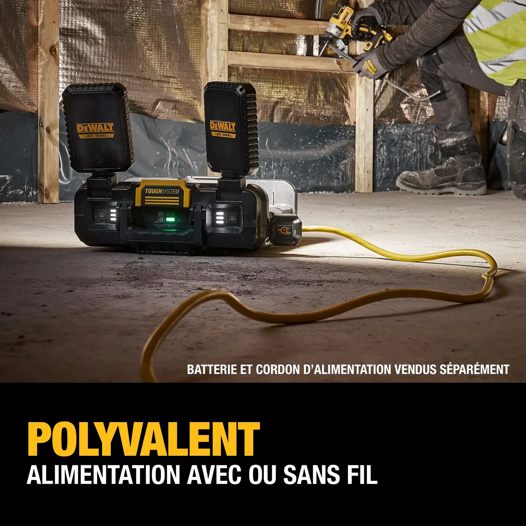 A person wearing work gloves positions a DEWALT LED portable light on top of a black DEWALT tool storage box. The scene highlights the 360-degree lighting capability and flexible configuration options for illuminating work areas.