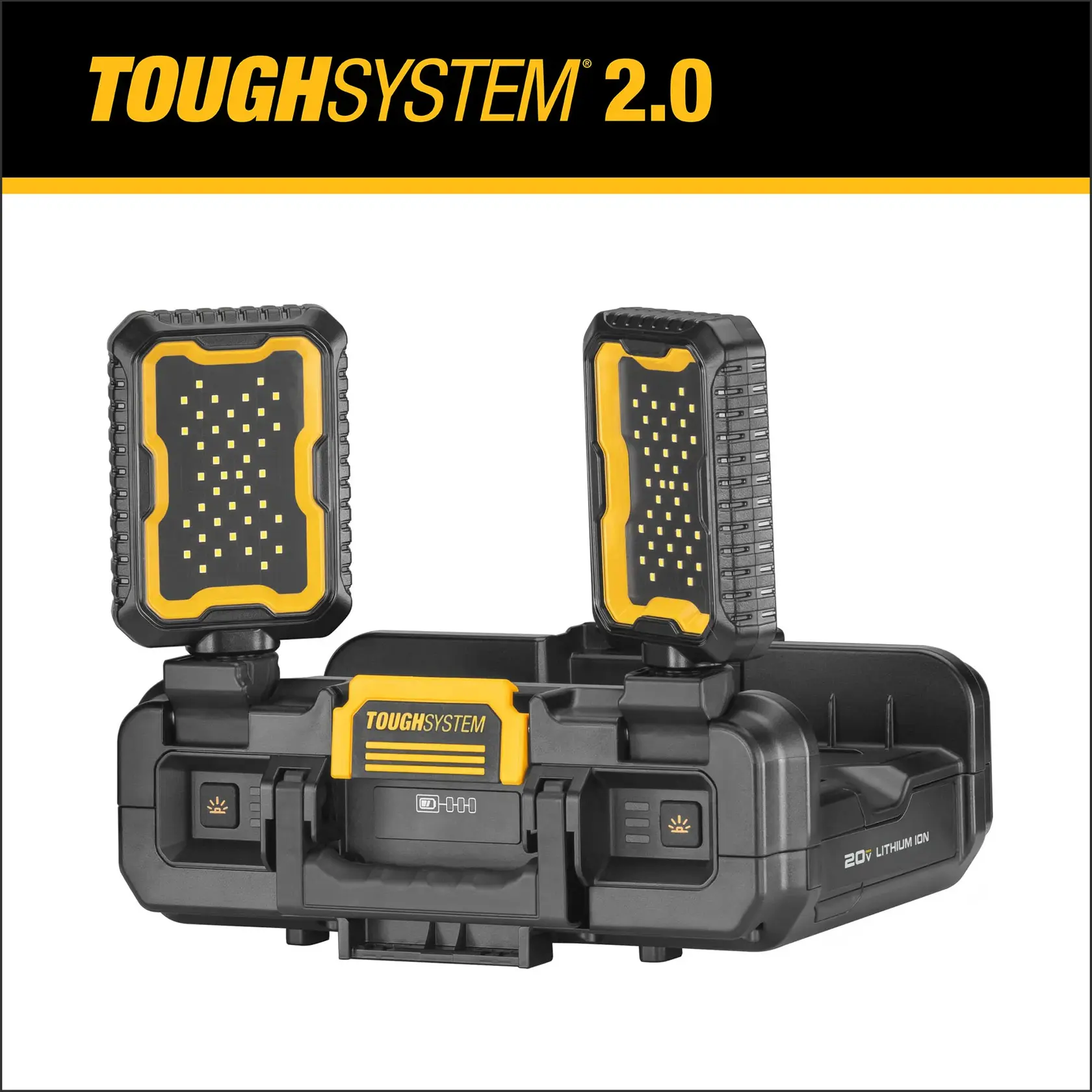 DEWALT TOUGHSYSTEM 2.0 portable work light with two adjustable LED panels mounted on a durable black and yellow case, designed for use with 20V lithium ion batteries.