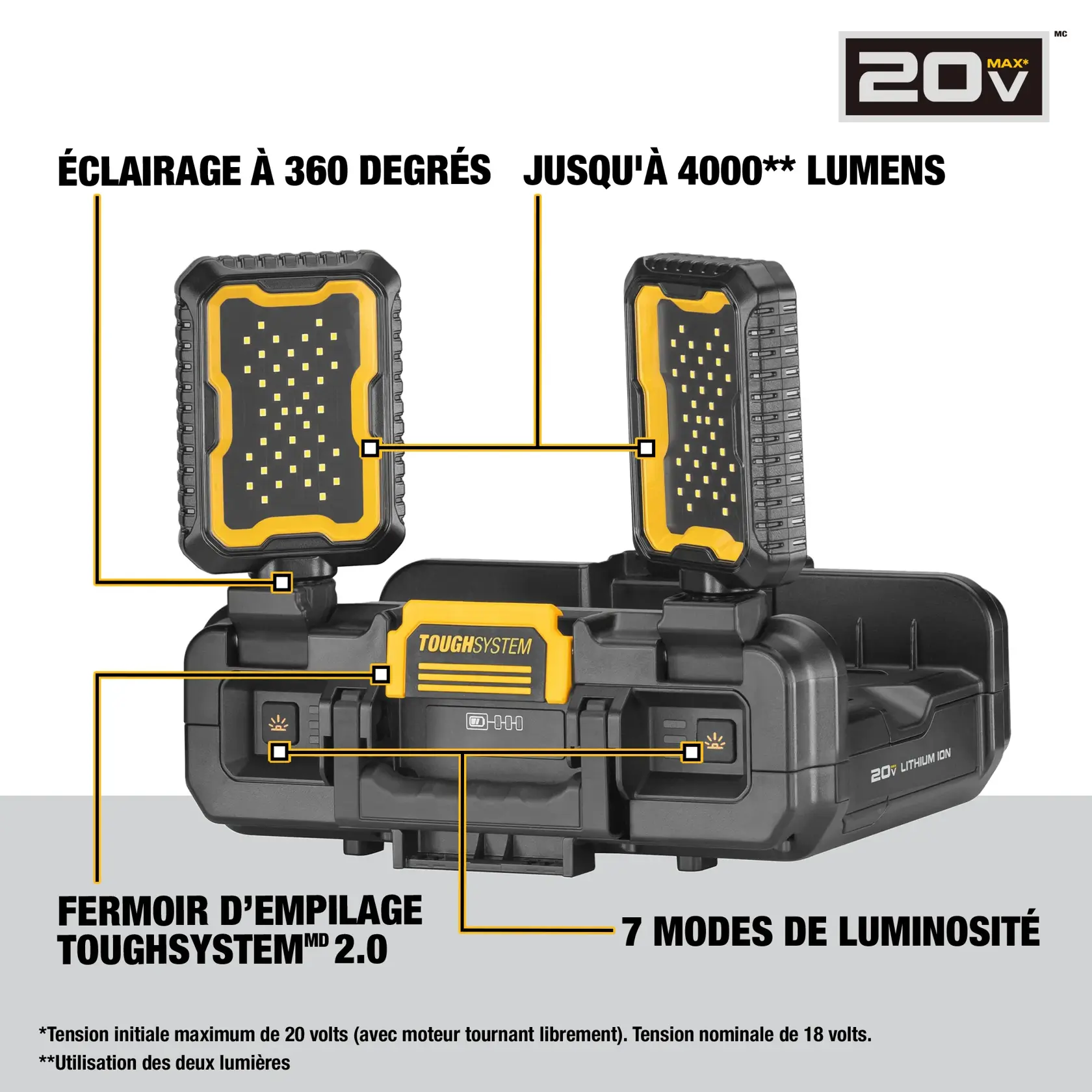 A person wearing work gloves and a high-visibility vest is adjusting a DEWALT LED work light attached to a black stackable toolbox system. The toolbox has a 20V lithium-ion battery and is designed for use on construction sites.