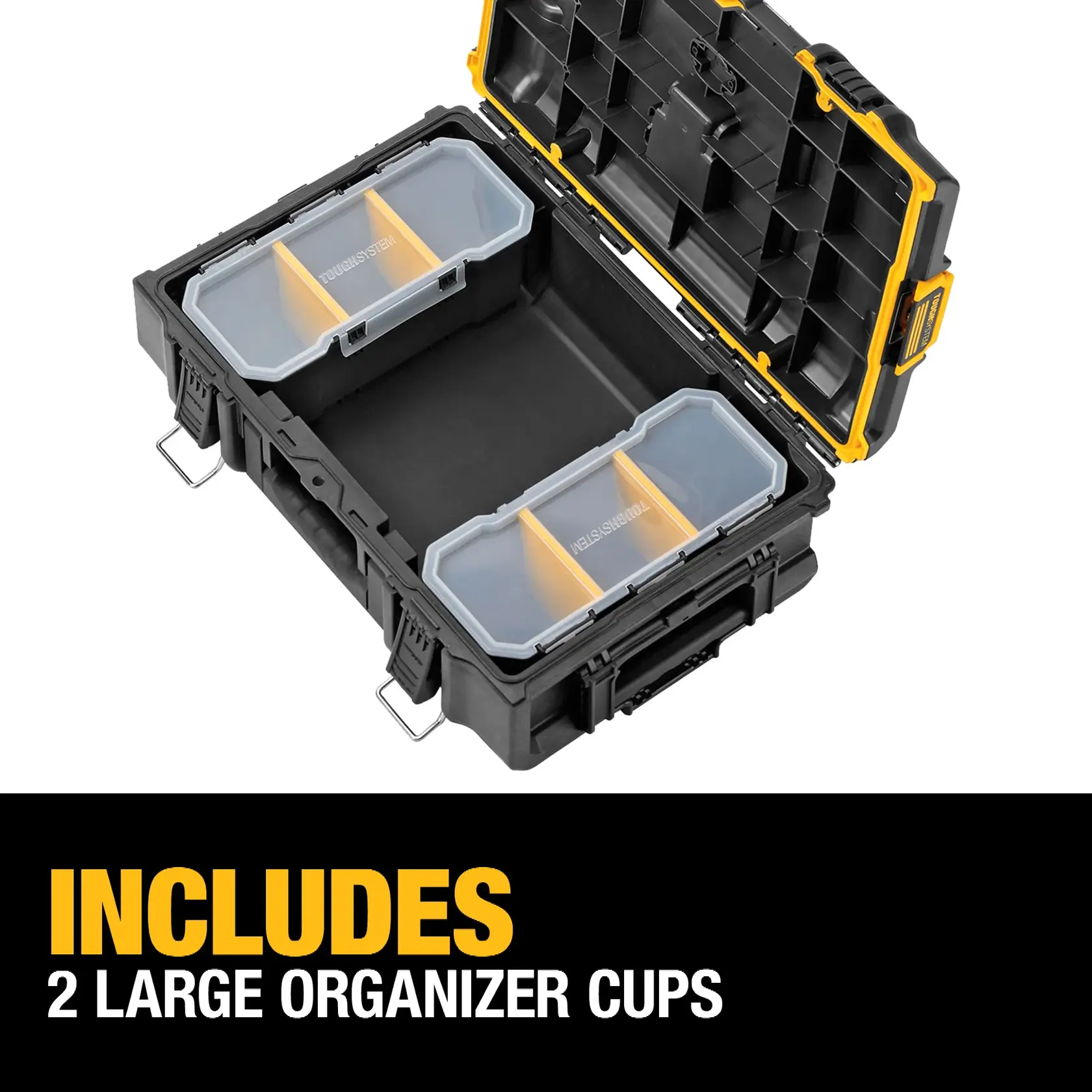 Image showing a DEWALT ToughSystem 2.0 tool box set, including three stacked black and yellow tool boxes labeled as 22-inch small tool box, 22-inch medium box, and 24-inch mobile tool box. The product codes DWST08165, DWST08300, and DWST08450 are displayed in the top section of the image.
