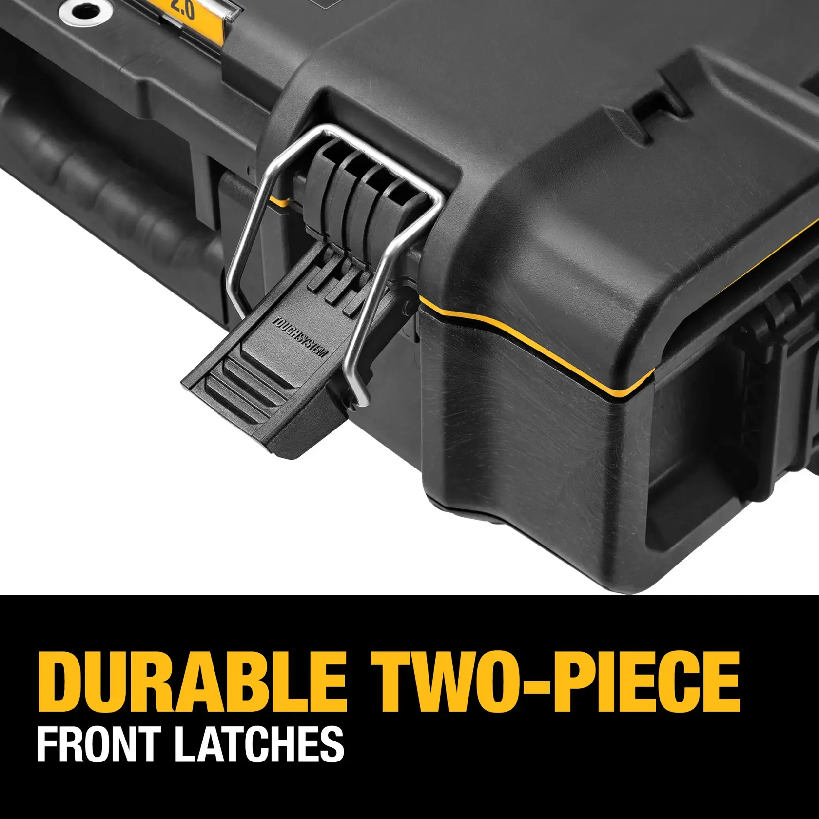 Image of a DEWALT TOUGHSYSTEM 2.0 tool storage box with highlighted features: two-piece front latches, self-attaching side latches, reinforced metal eye for padlock, and visible IP65-rated seal.