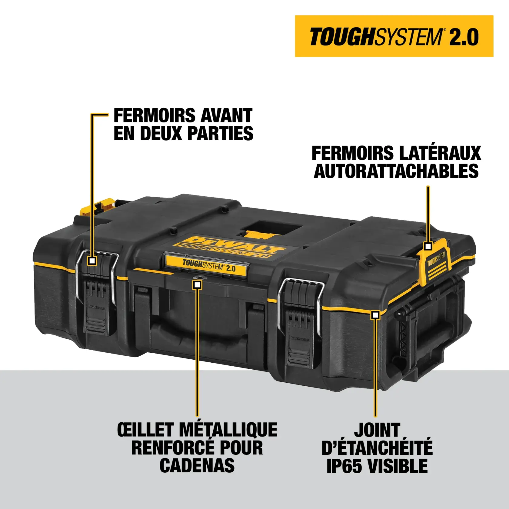Image of a DEWALT TOUGHSYSTEM 2.0 tool storage box with highlighted features: two-piece front latches, self-attaching side latches, reinforced metal eye for padlock, and visible IP65-rated seal.