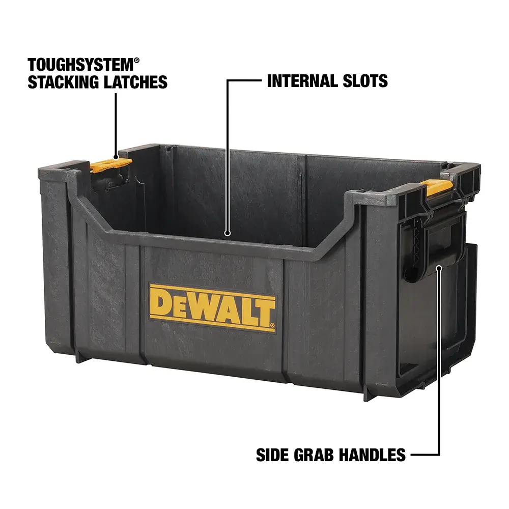 A black DEWALT ToughSystem storage box with yellow branding, featuring labeled stacking latches, internal slots, and side grab handles.