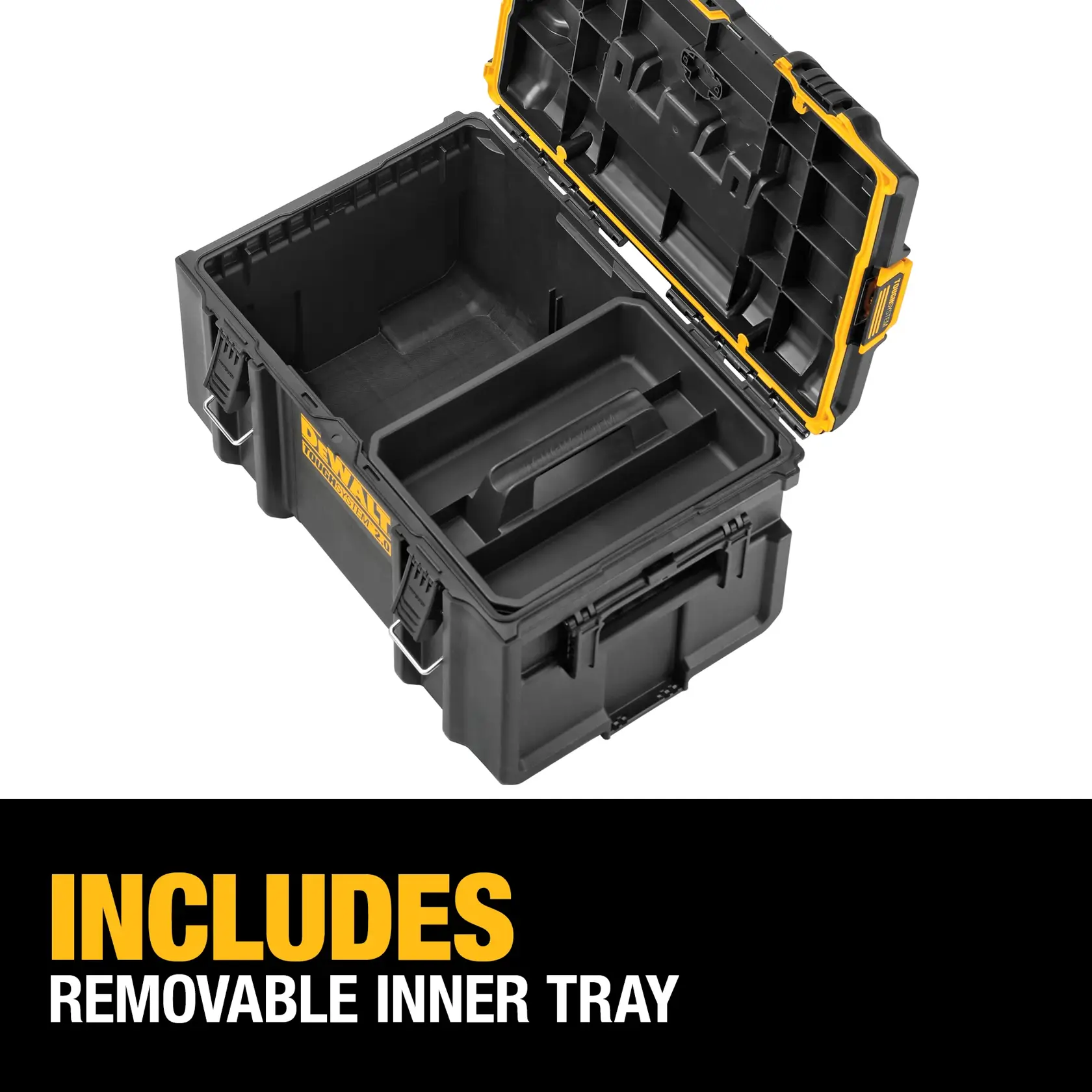 Image showing a DEWALT ToughSystem 2.0 tool box set, including three stacked black and yellow tool boxes labeled as 22-inch small tool box, 22-inch medium box, and 24-inch mobile tool box. The product codes DWST08165, DWST08300, and DWST08450 are displayed in the top section of the image.