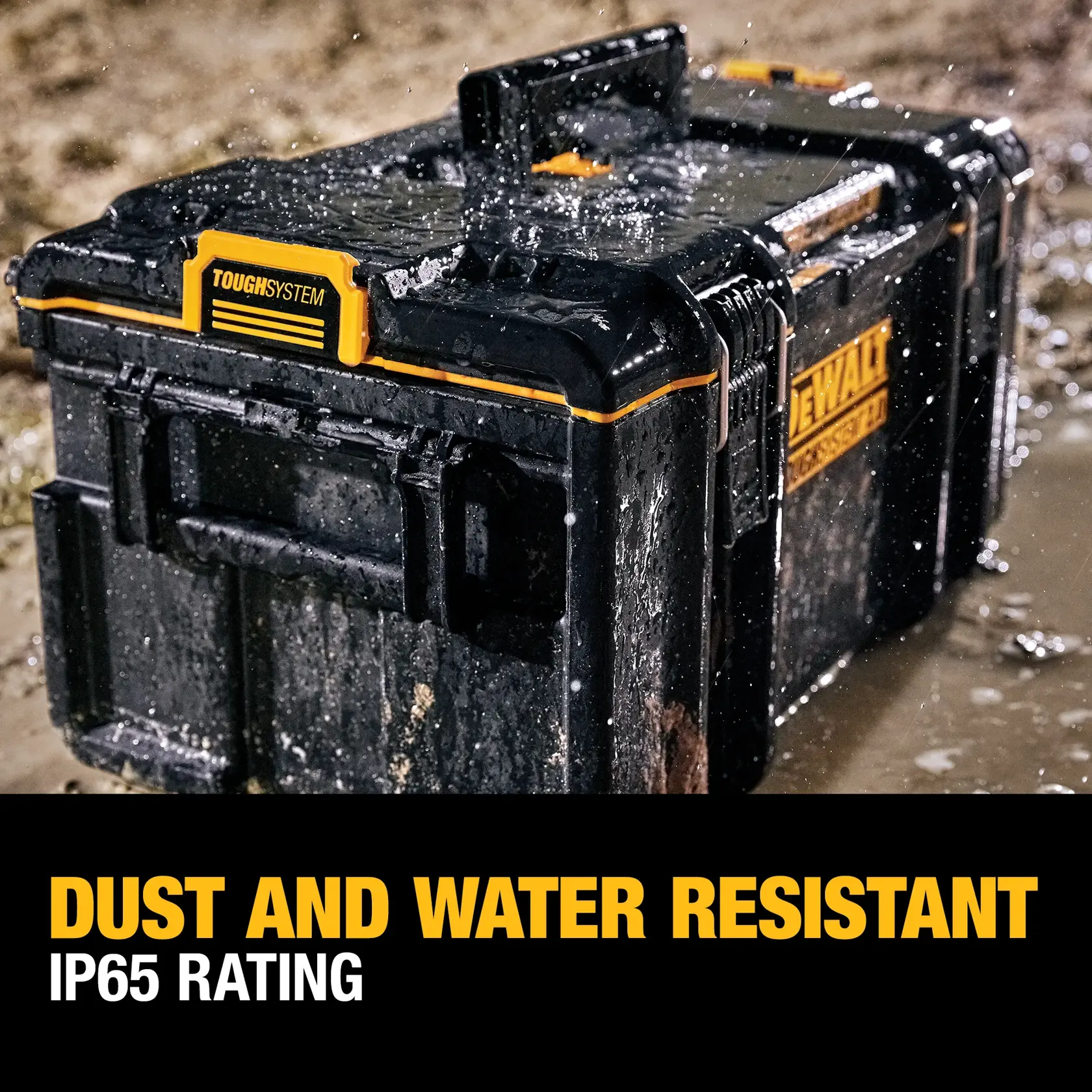 A DEWALT ToughSystem 2.0 storage box, shown in black with yellow accents. The image highlights its key features: a metal reinforced padlock eye on top, patented auto-connect side latches, two-piece front latches, and a visible IP65 waterseal.