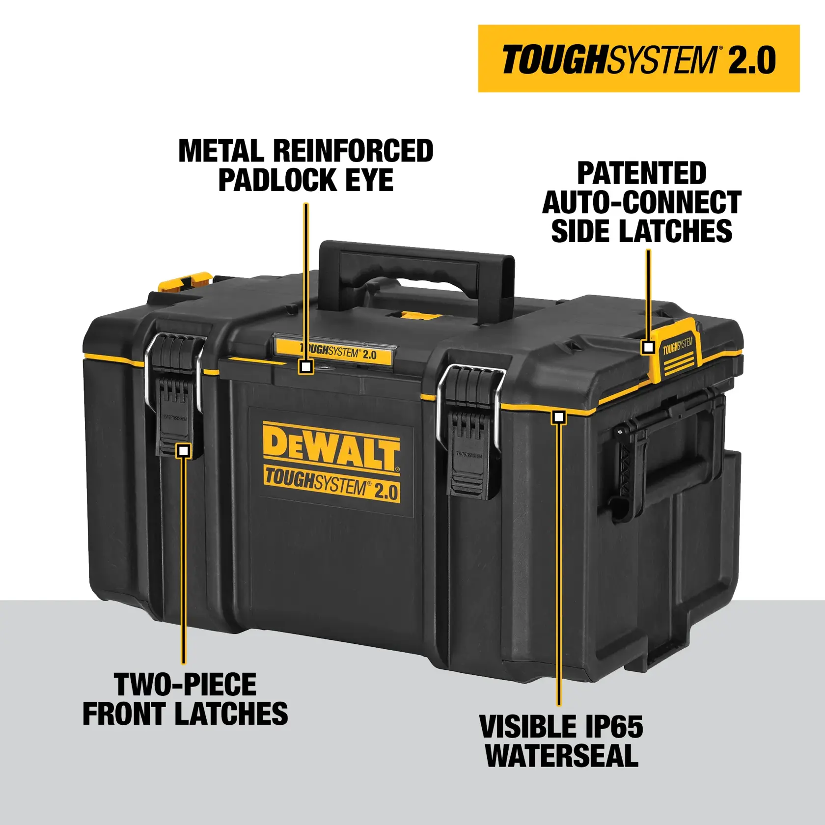 A DEWALT ToughSystem 2.0 storage box, shown in black with yellow accents. The image highlights its key features: a metal reinforced padlock eye on top, patented auto-connect side latches, two-piece front latches, and a visible IP65 waterseal.