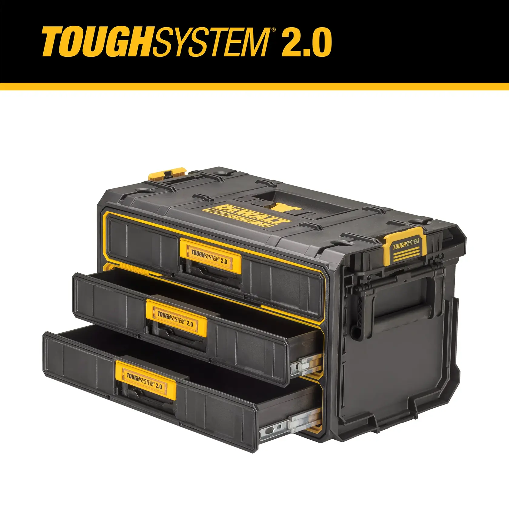 A DEWALT TOUGHSYSTEM 2.0 portable storage unit with three open sliding drawers, black with yellow accents, designed for tool organization and transport.